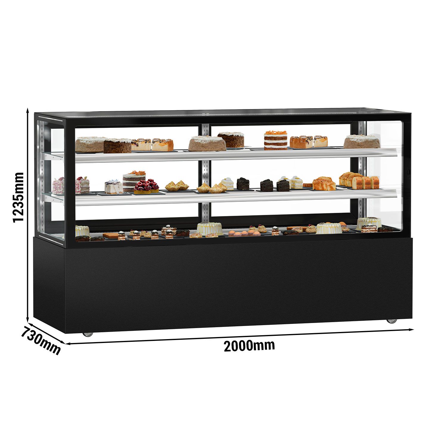 Vitrine à pâtisserie réfrigérée - 890L - 2000mm - Double vitrage - avec 2 étagères en verre - portes coulissantes arrière - Noir mat