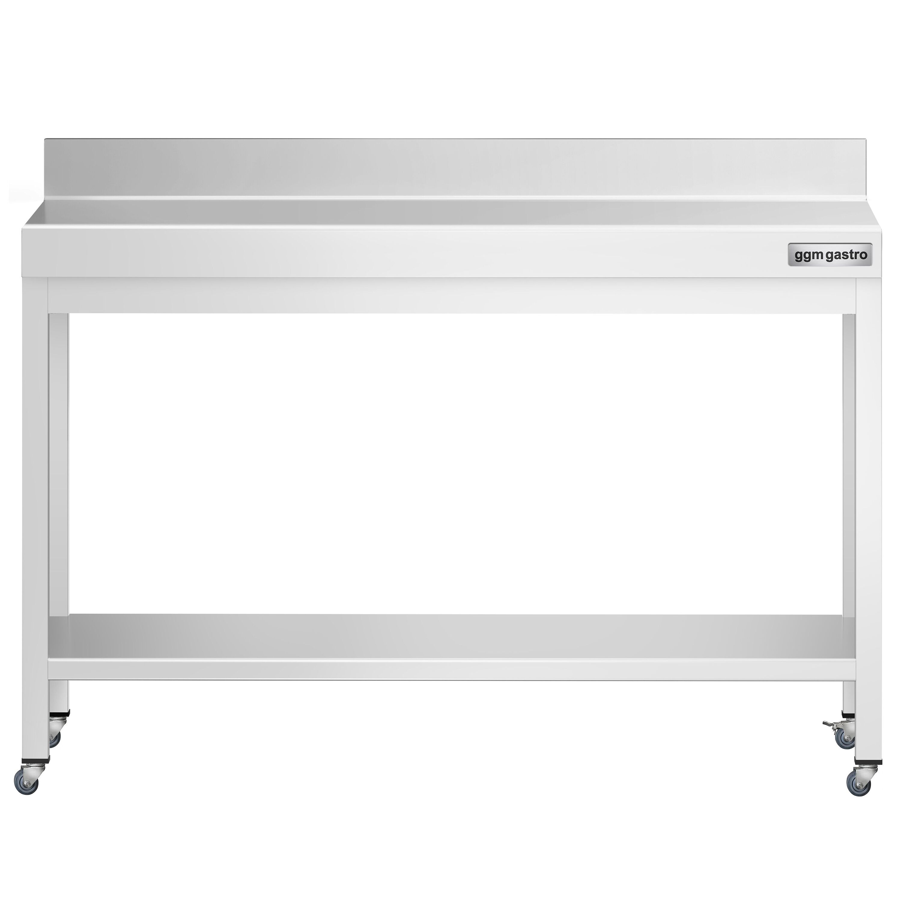 Table de travail en inox PREMIUM - 1200 x 600 mm - avec tablette inférieure, dosseret et roulettes