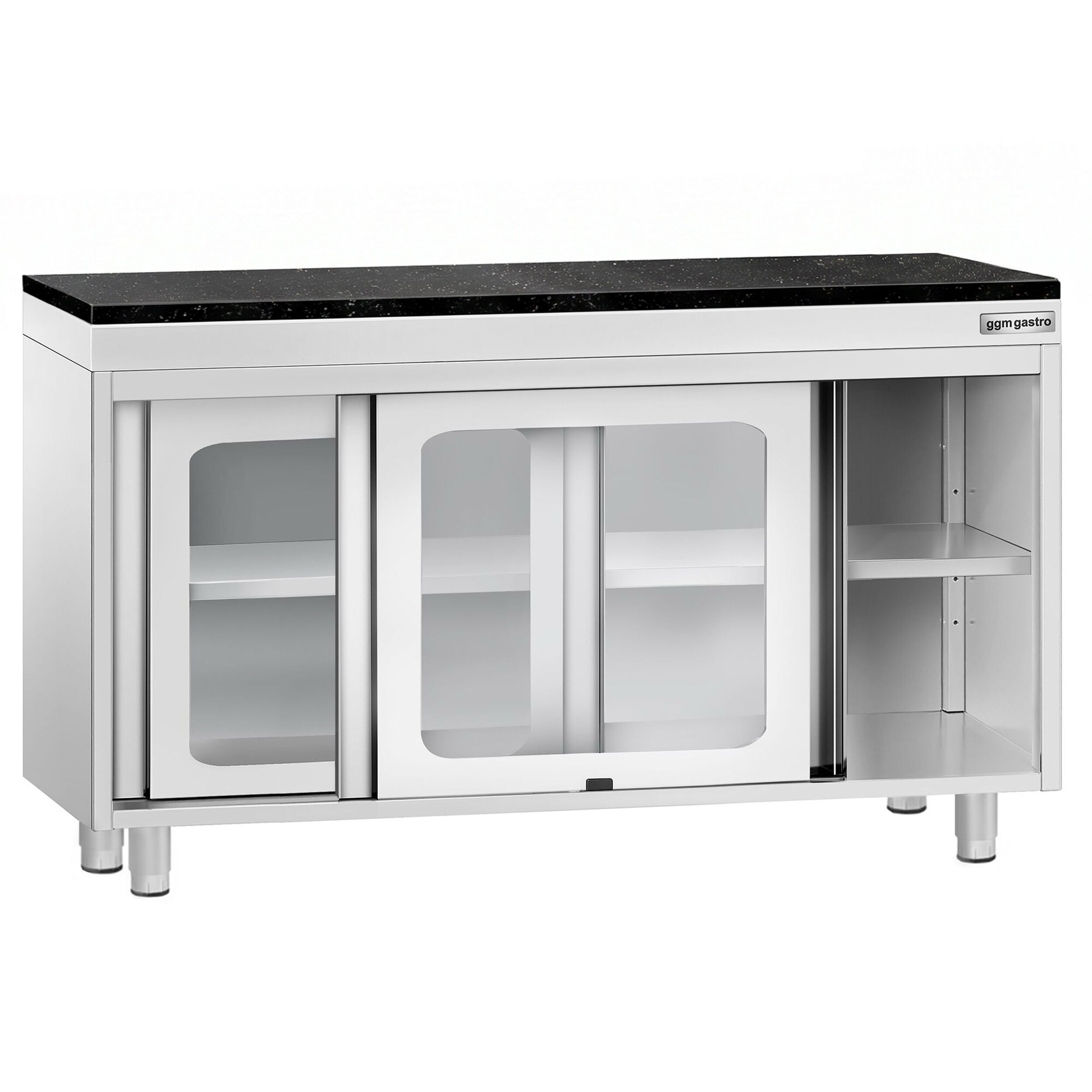 Edelstahl Arbeitsschrank PREMIUM - 1200x700mm - mit Glasschiebetür - inkl. Granitarbeitsplatte