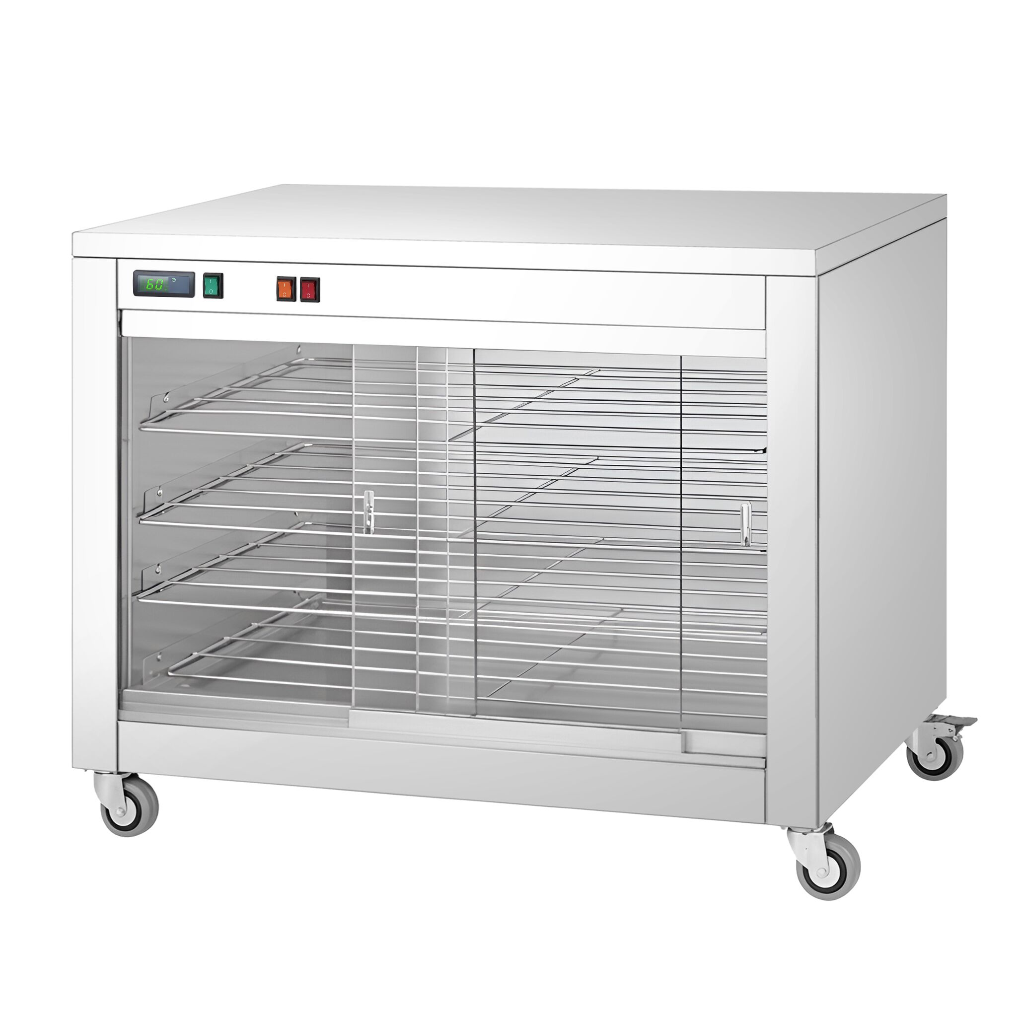 Värmemonter på hjul - 2 kW - med glasskjutdörrar, sluten baksida & 4 hyllor - 1098x480x790 mm