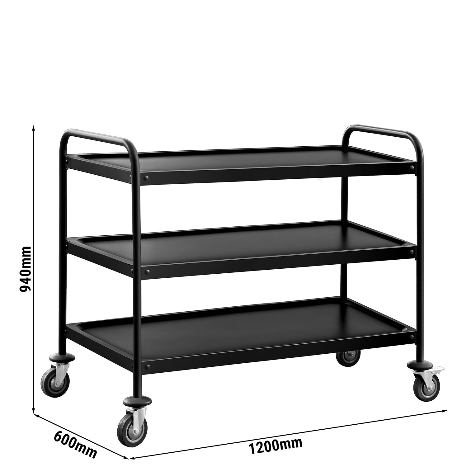 Chariot de service – 1200x600 mm – avec 3 surfaces de rangement – Noir
