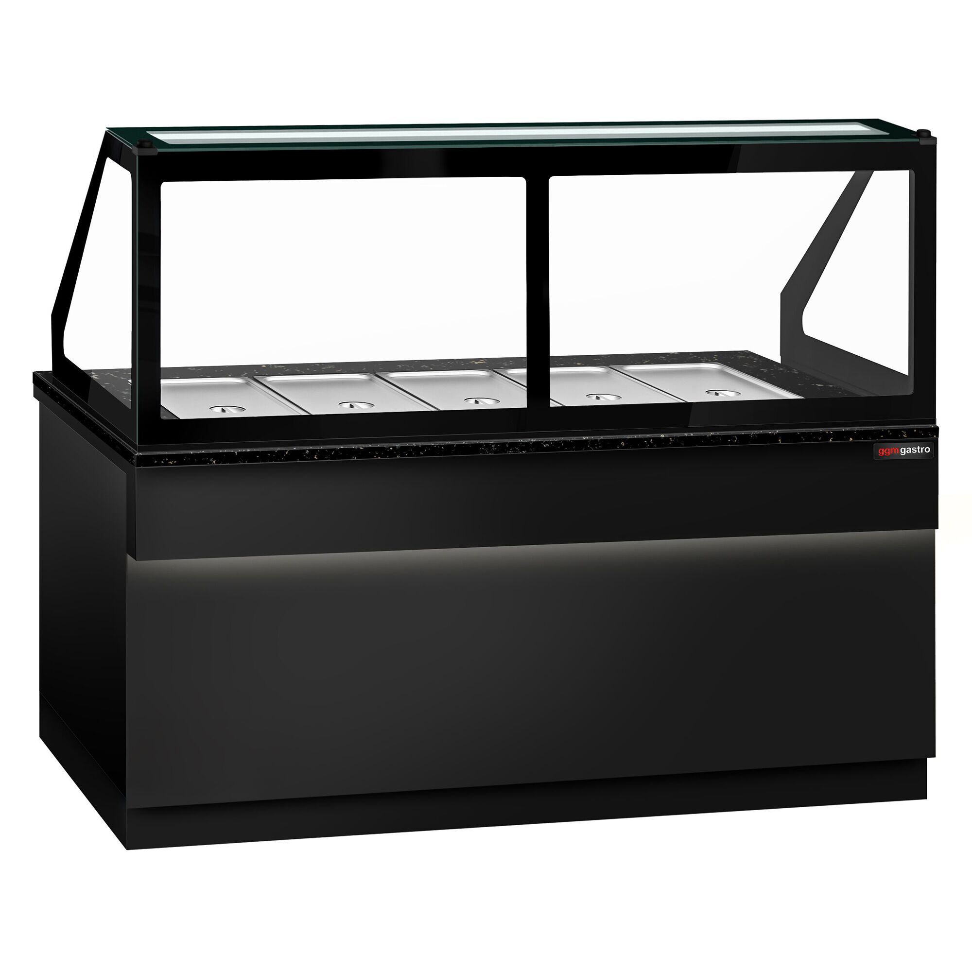 Saladette réfrigérée TORONTO - 2000mm - façade noire - 3 portes - avec vitrine de comptoir pour 5x GN 1/1 & 1 étagère - plan de travail en granit noir - 1200L