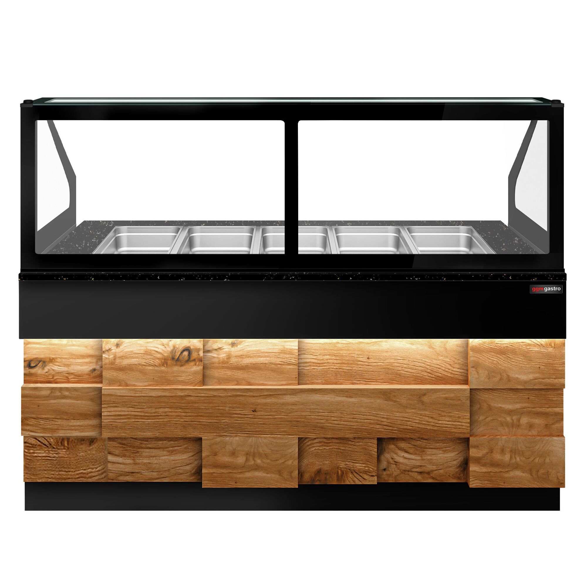 Saladette réfrigérée - 2000mm - façade décor bois bois naturel - 3 portes - avec vitrine de comptoir pour 5x GN 1/1 & 1 étagère - plan de travail en granit noir