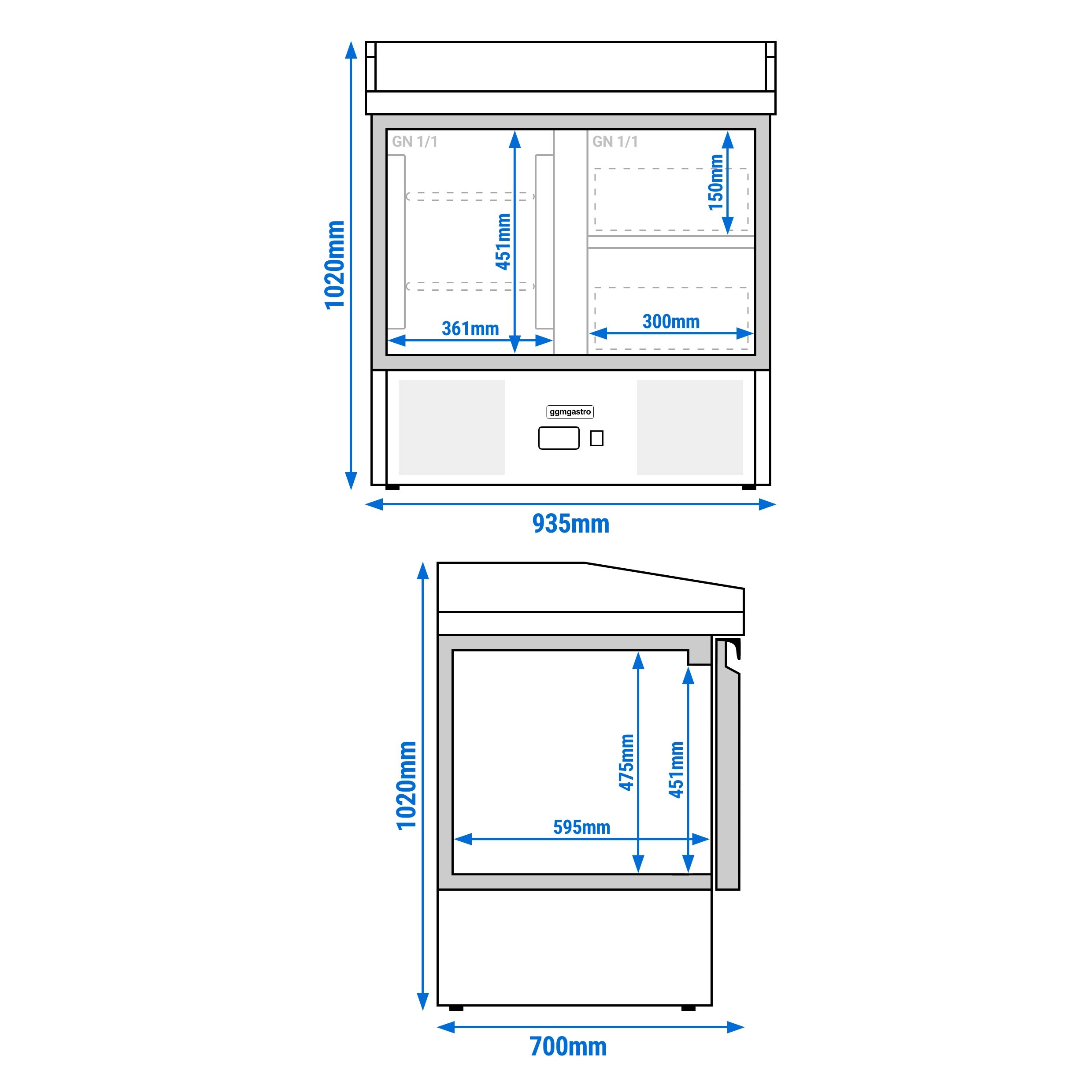 Table réfrigérée à pizza ECO - 935 x 700 mm - avec 1 porte et 2 tiroirs