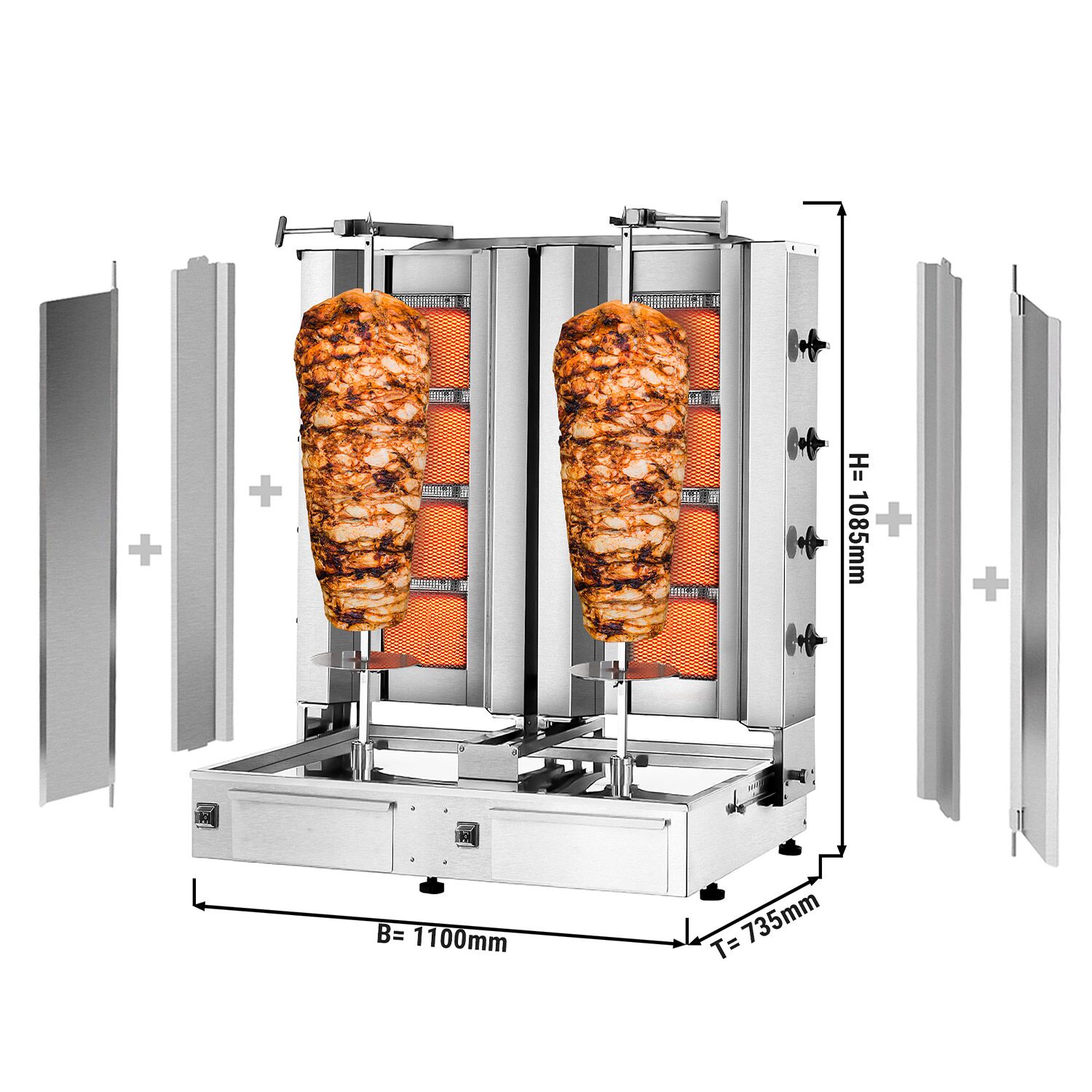 Gas Doner Kebab Grill (Shawarma/Gyros) - Twin x 4 Burner - up to 120kg - 26kW - incl. 2 splash guards & 2 double doors - For CE