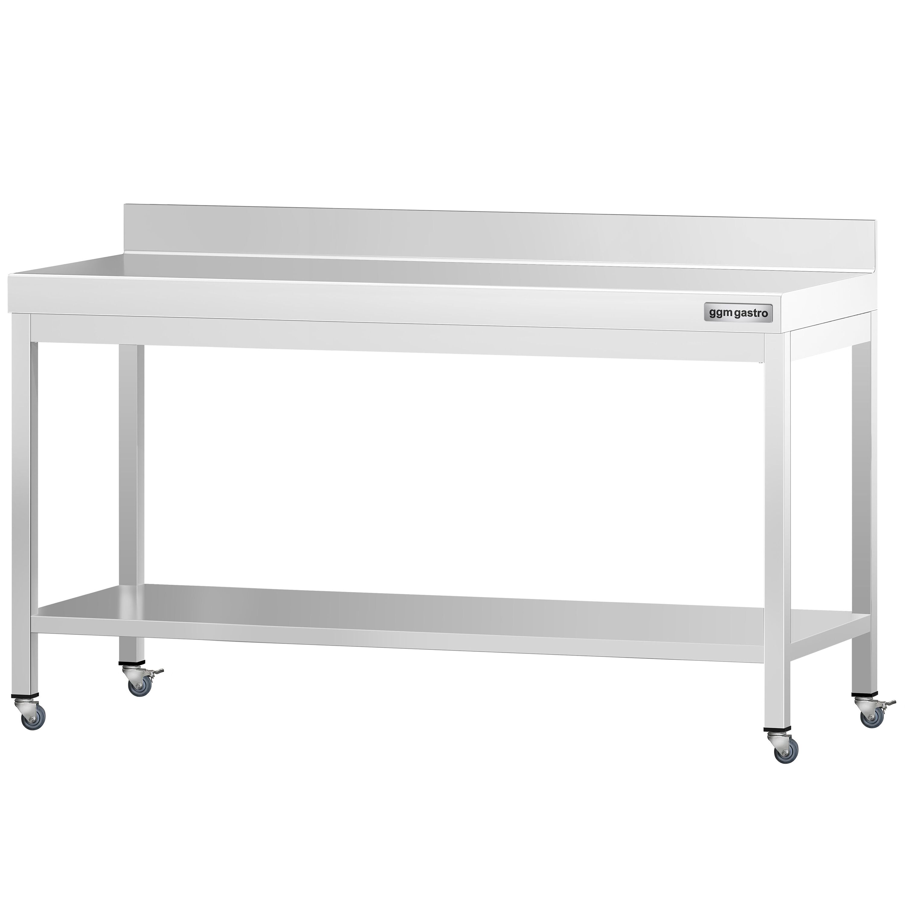 Table de travail en inox PREMIUM - 2000 x 600 mm - avec tablette inférieure, dosseret et roulettes