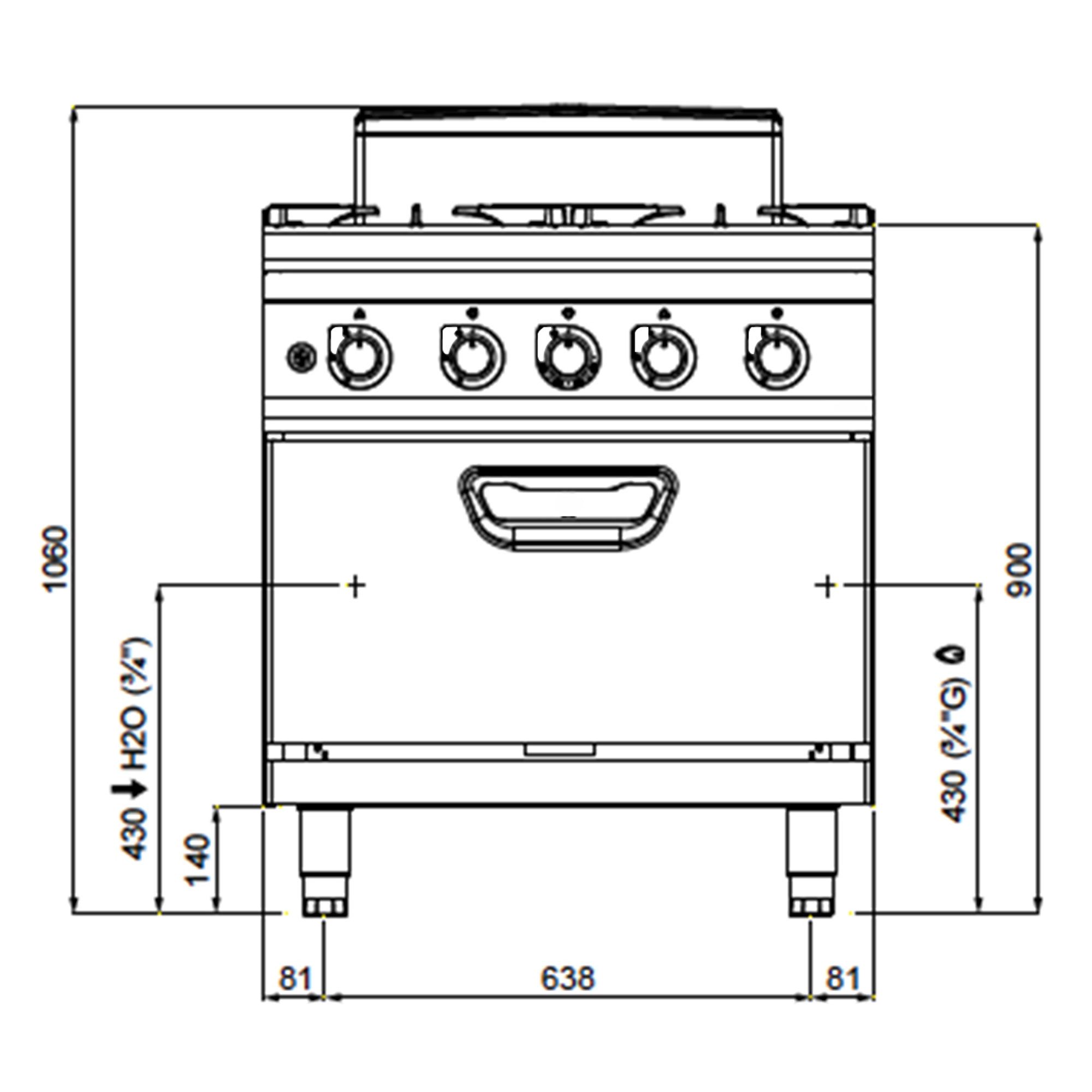 Fourneau à gaz – 28 kW – 4 brûleurs – avec four à gaz statique – 7,8 kW