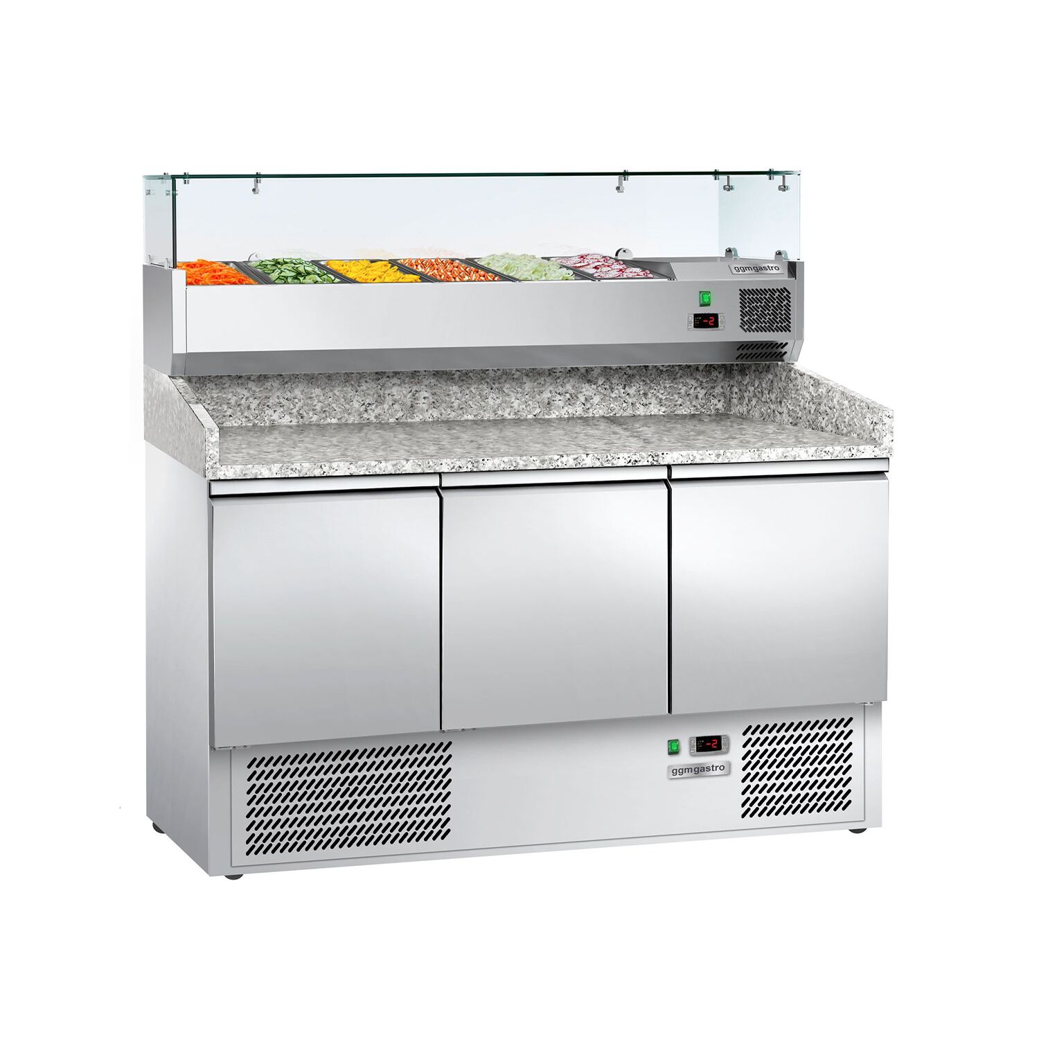 Table réfrigérée pour pizza ECO - 1400 x 700 mm - avec 3 portes - incl. vitrine réfrigérée - 6 x GN 1/4