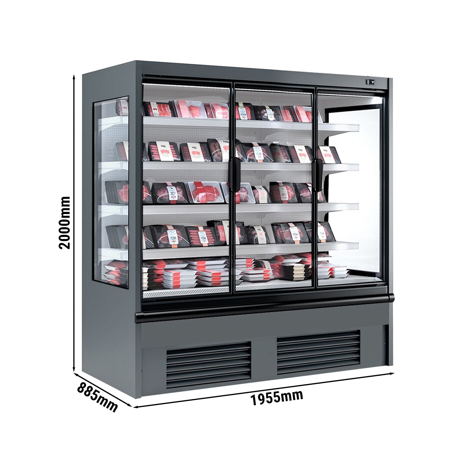 Commercial multideck display fridge - 1955mm - 1204L - with 3 hinged glass doors & 4 shelves - Anthracite