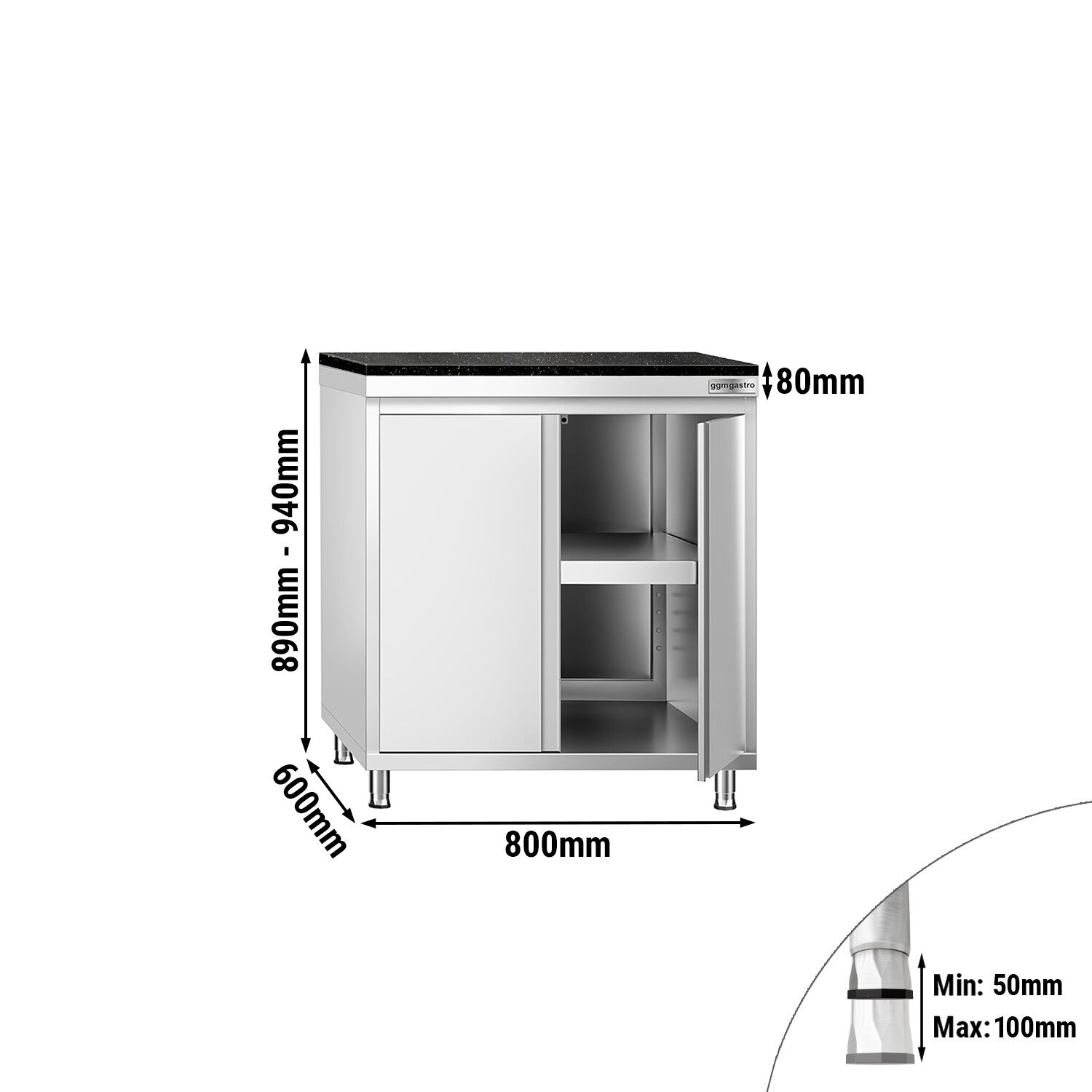 Edelstahl Arbeitsschrank PREMIUM - 800x600mm - mit Flügeltür - inkl. Granitarbeitsplatte
