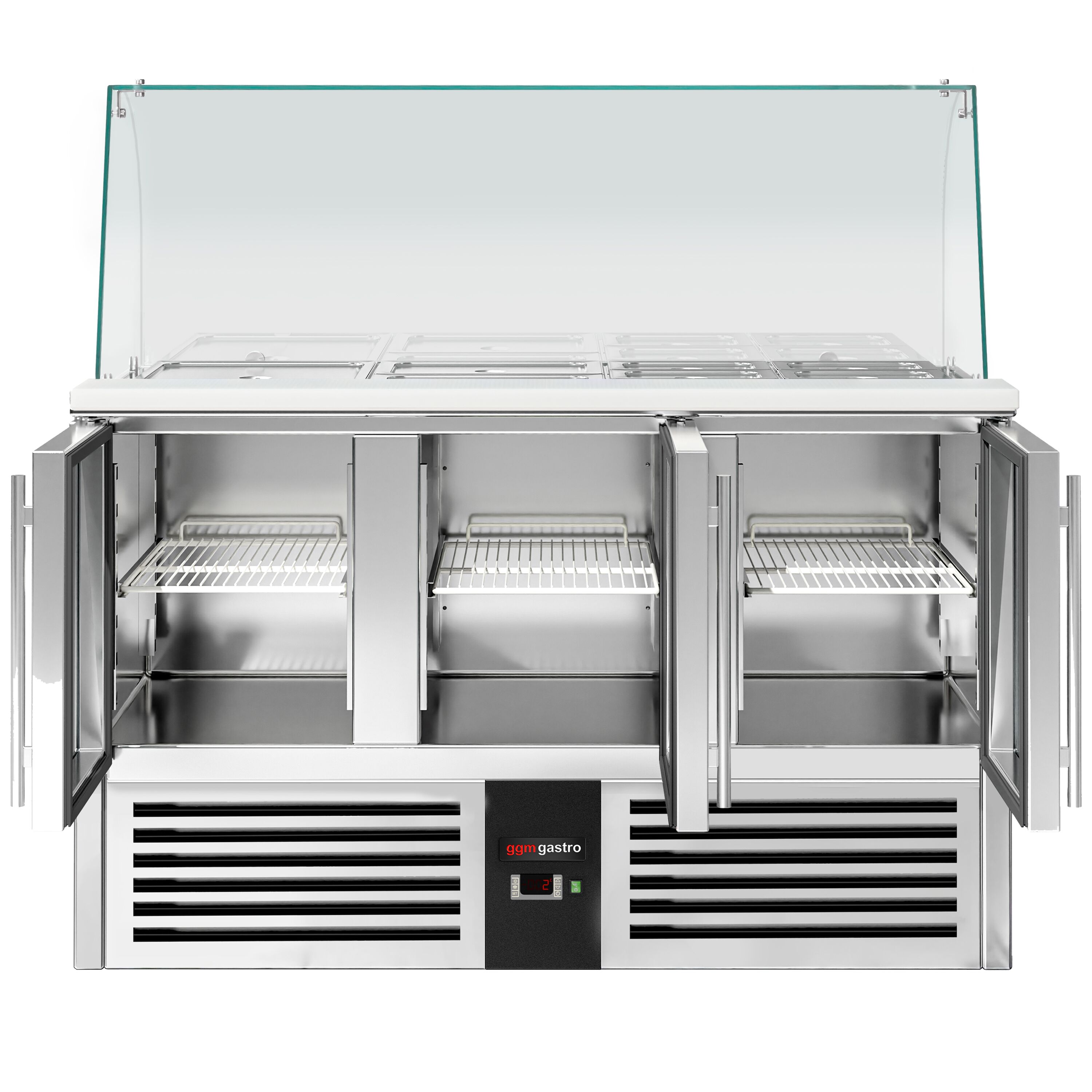 Saladette réfrigérée PREMIUM - 1368mm - 288L - 3 portes vitrées - avec vitrine de comptoir pour 4x GN 1/1