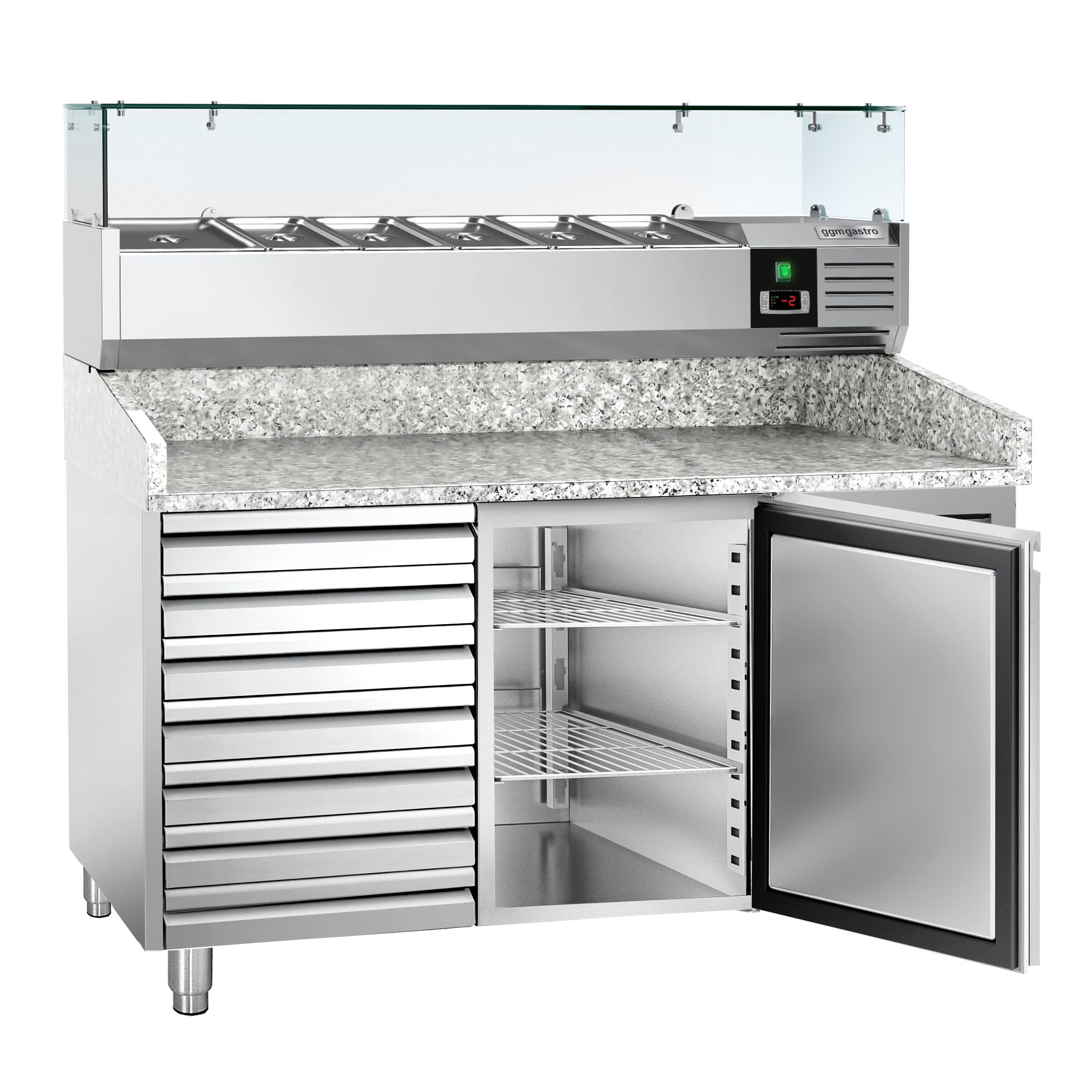 Table réfrigérée à pizza ECO - 1500 x 800 mm - avec 1 porte et 7 tiroirs - incl. vitrine réfrigérée - 6 x GN 1/3