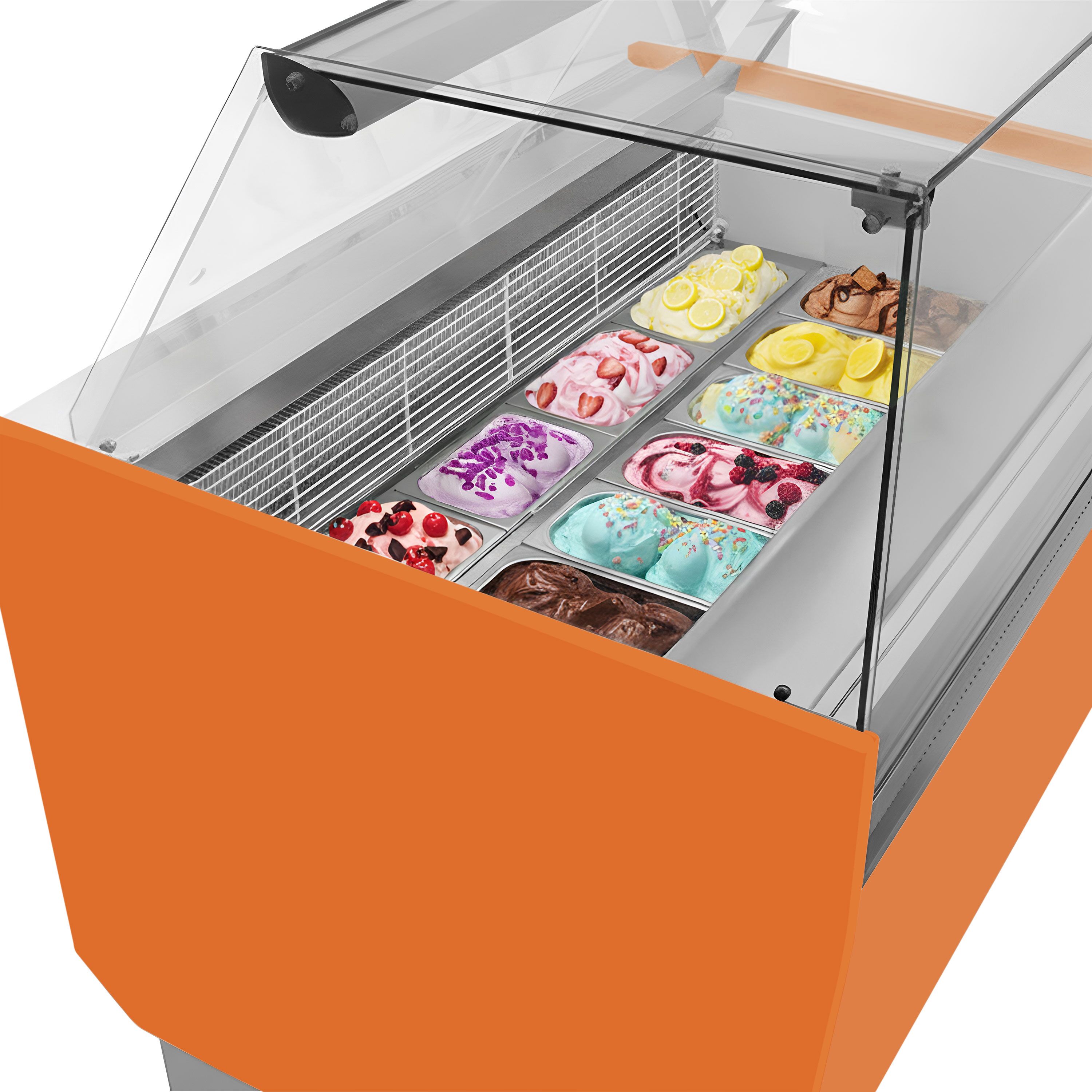 Vitrine à glace LIAM – 1560 mm – refroidissement statique – pour 13+13 bacs à glace de 5 litres – Orange
