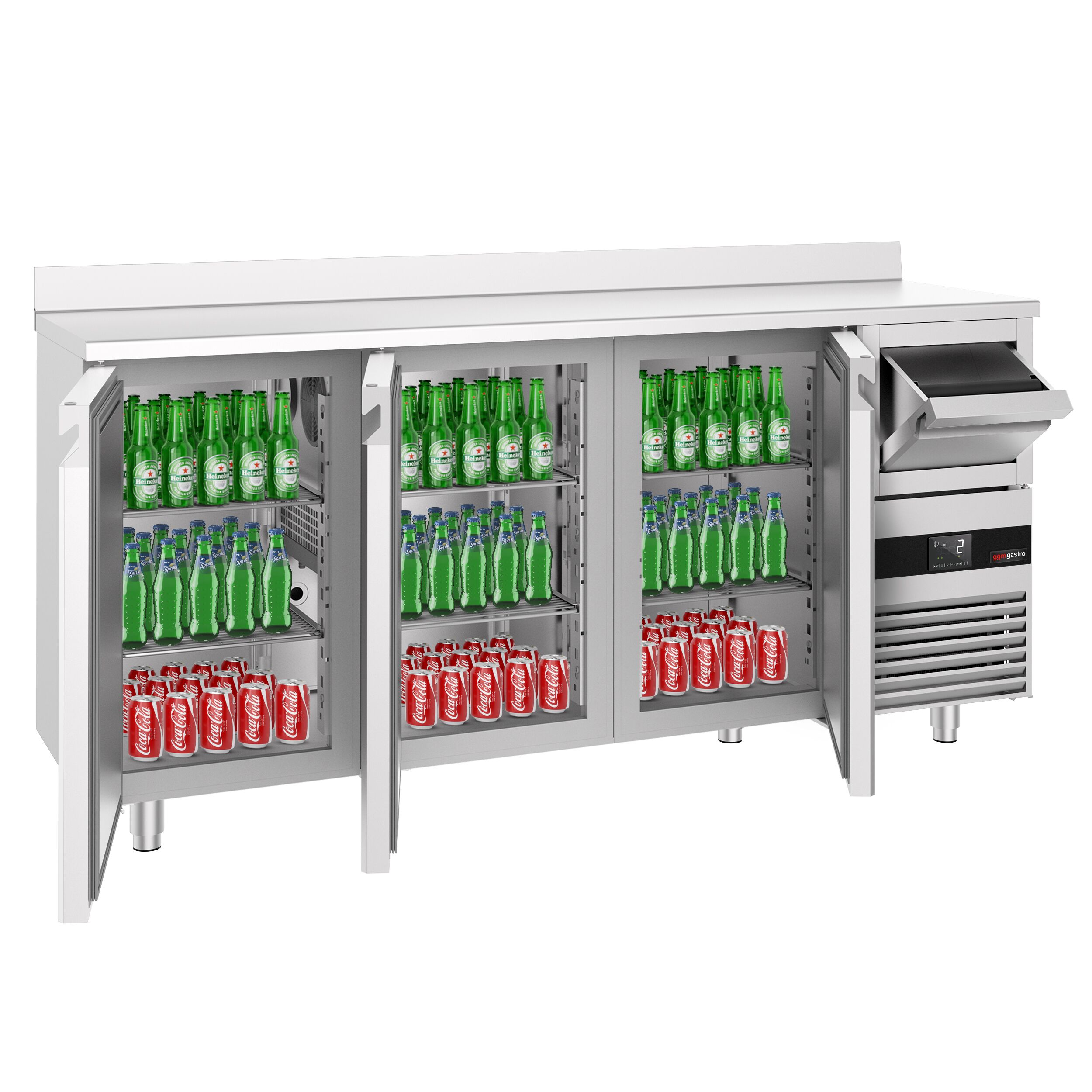 Arrière-bar réfrigéré professionnel  PREMIUM - 2130 x 600 mm - avec 3 portes - avec dosseret - avec tiroir à marc de café