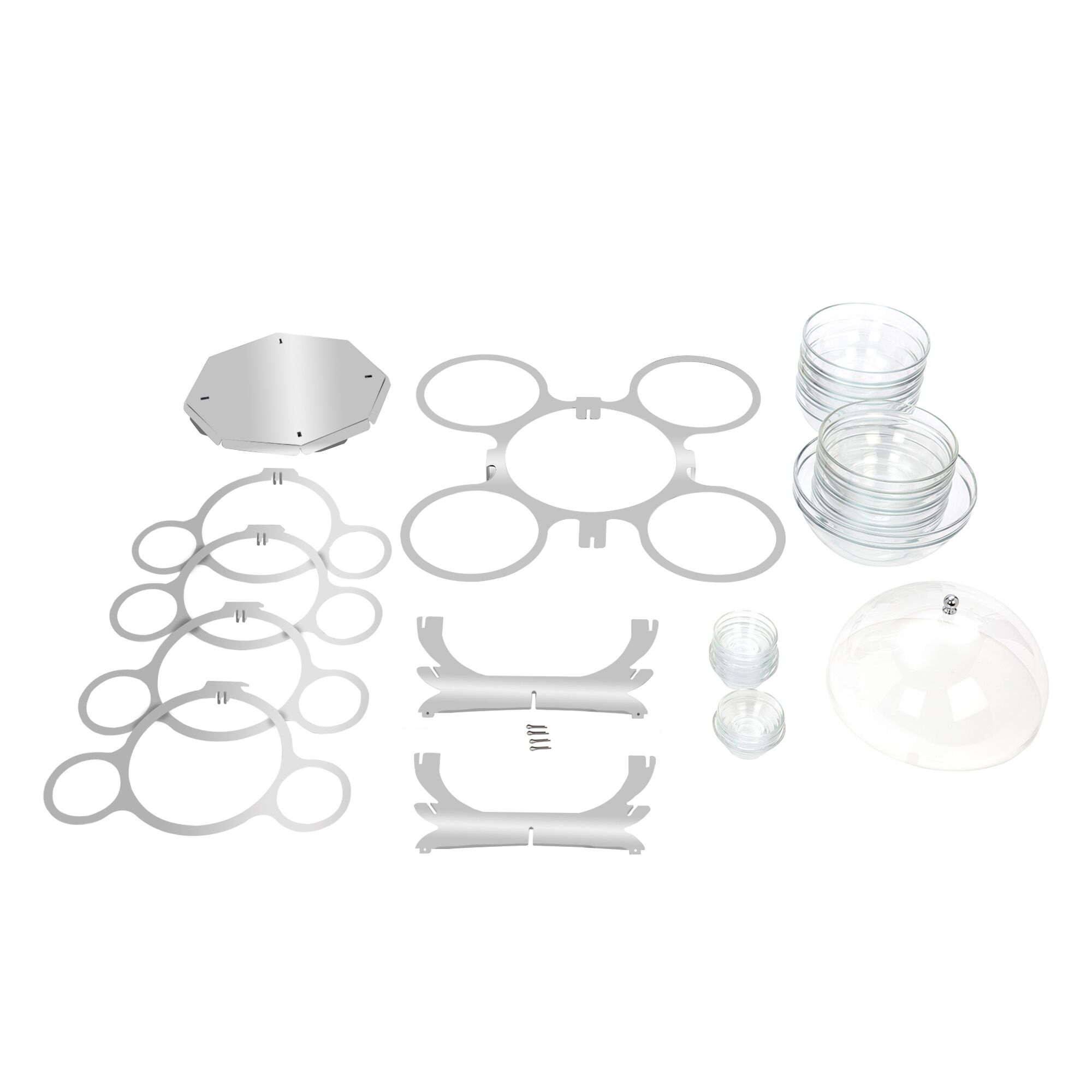 Buffetstandaard - RVS - rond - 600x600mm - Hoogte: 350mm - incl. 17 glazen schalen - roterend