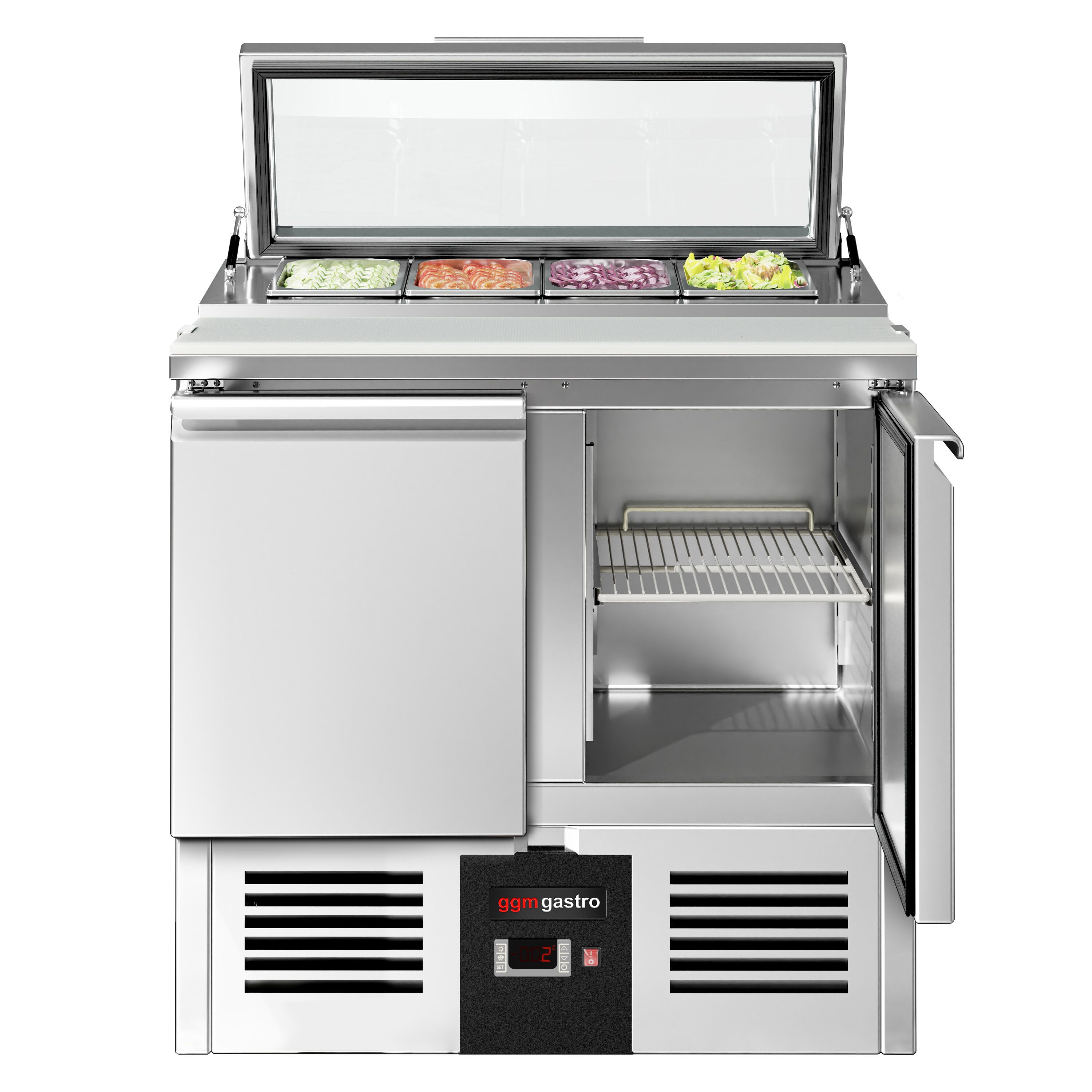 Saladette réfrigérée PREMIUM - 900mm - 159L - 2 portes - avec découpe pour 4x GN 1/3 & Couvercle verre