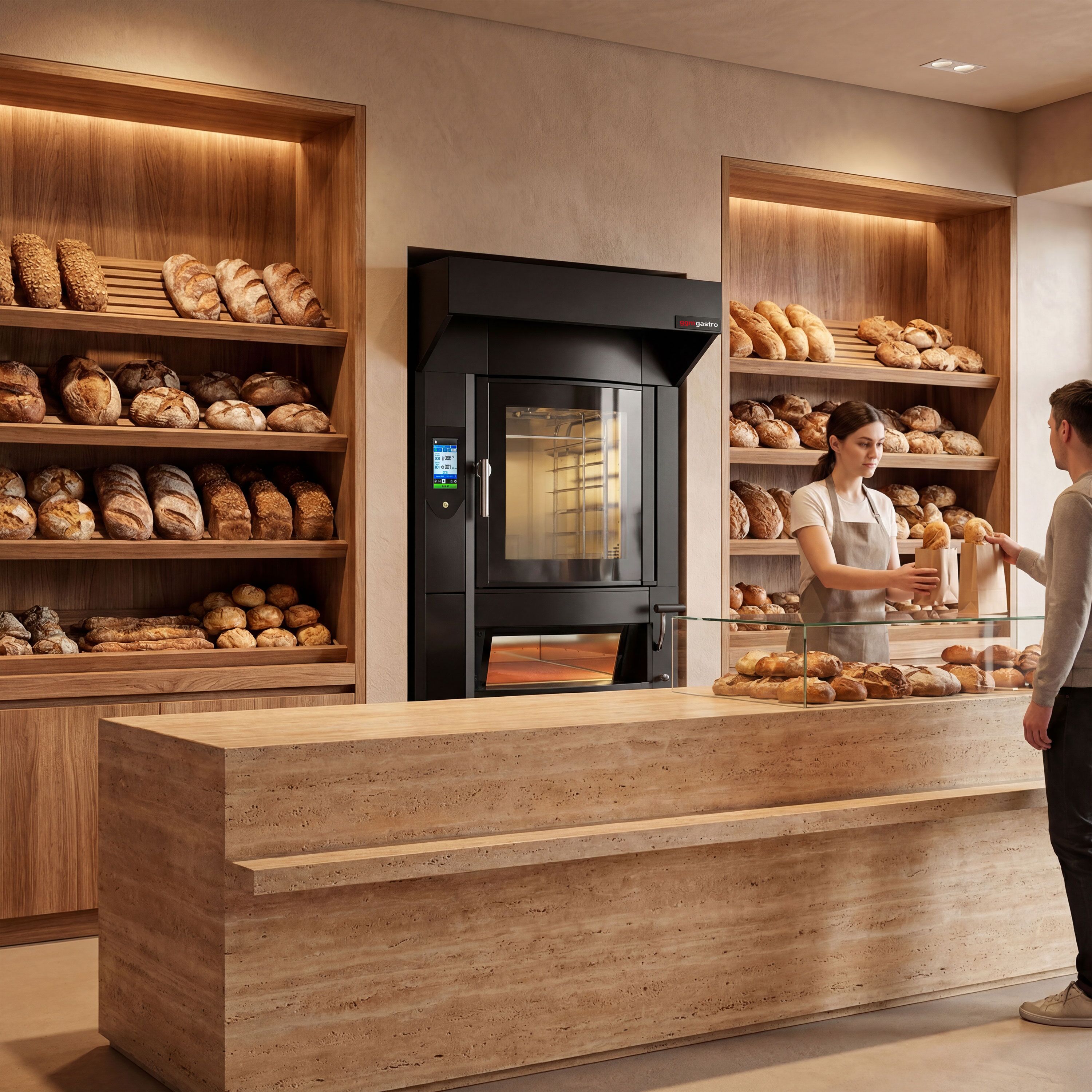 Four à convection rotatif électrique pour boulangerie avec fonction vapeur - écran tactile - 6x EN 600x400 - incl. four à pizza, hotte & étuve