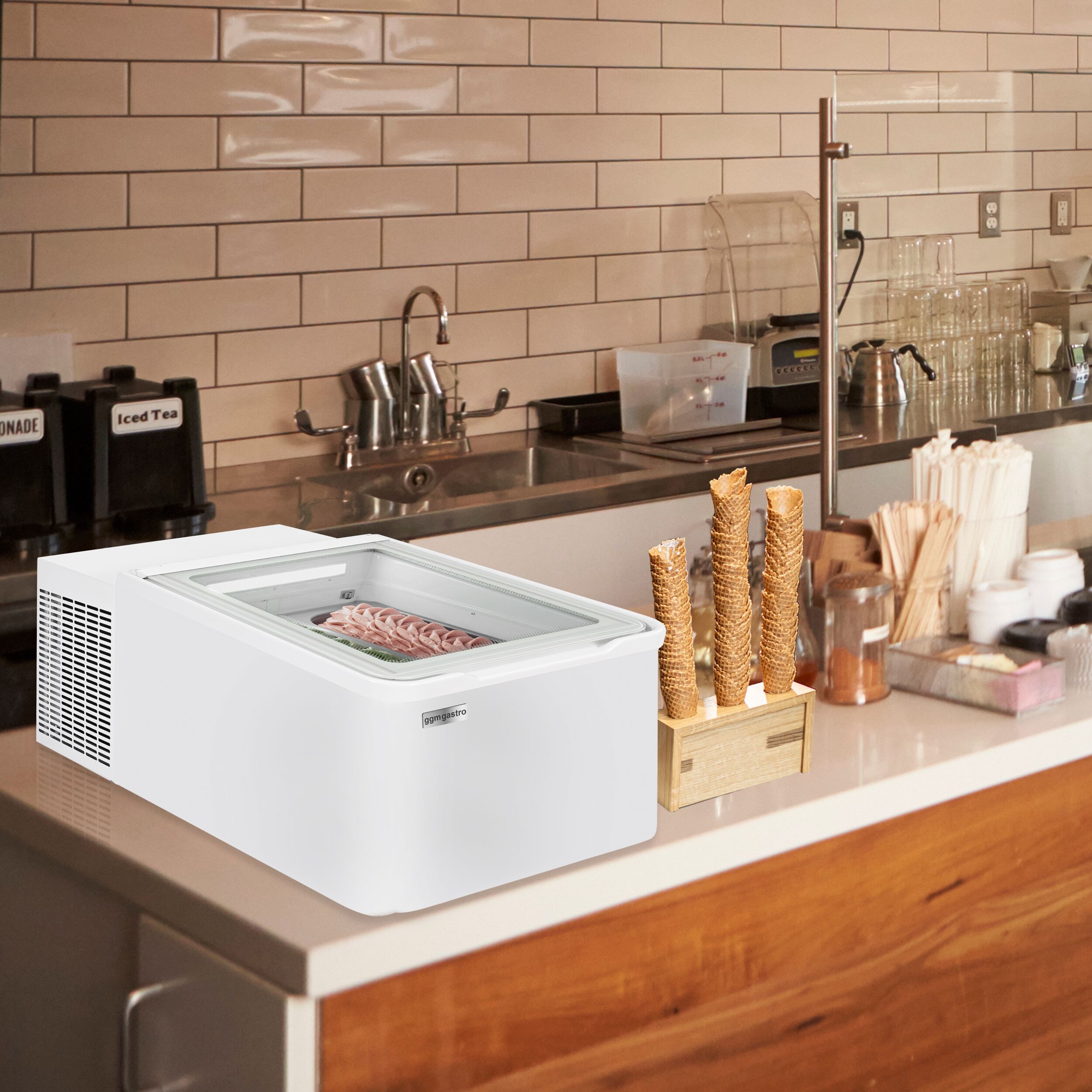 Vitrine à glaces à poser - 465mm - Froid statique - pour 2 bacs de 5 L - Blanc - Côté client