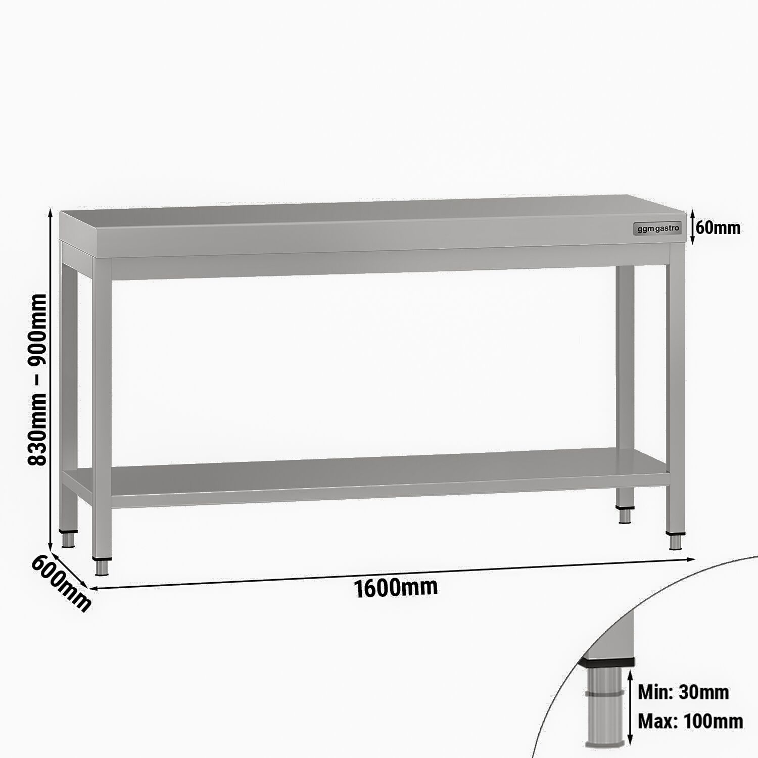 Table de travail en inox ECO – 1600 × 600 mm – avec tablette inférieure
