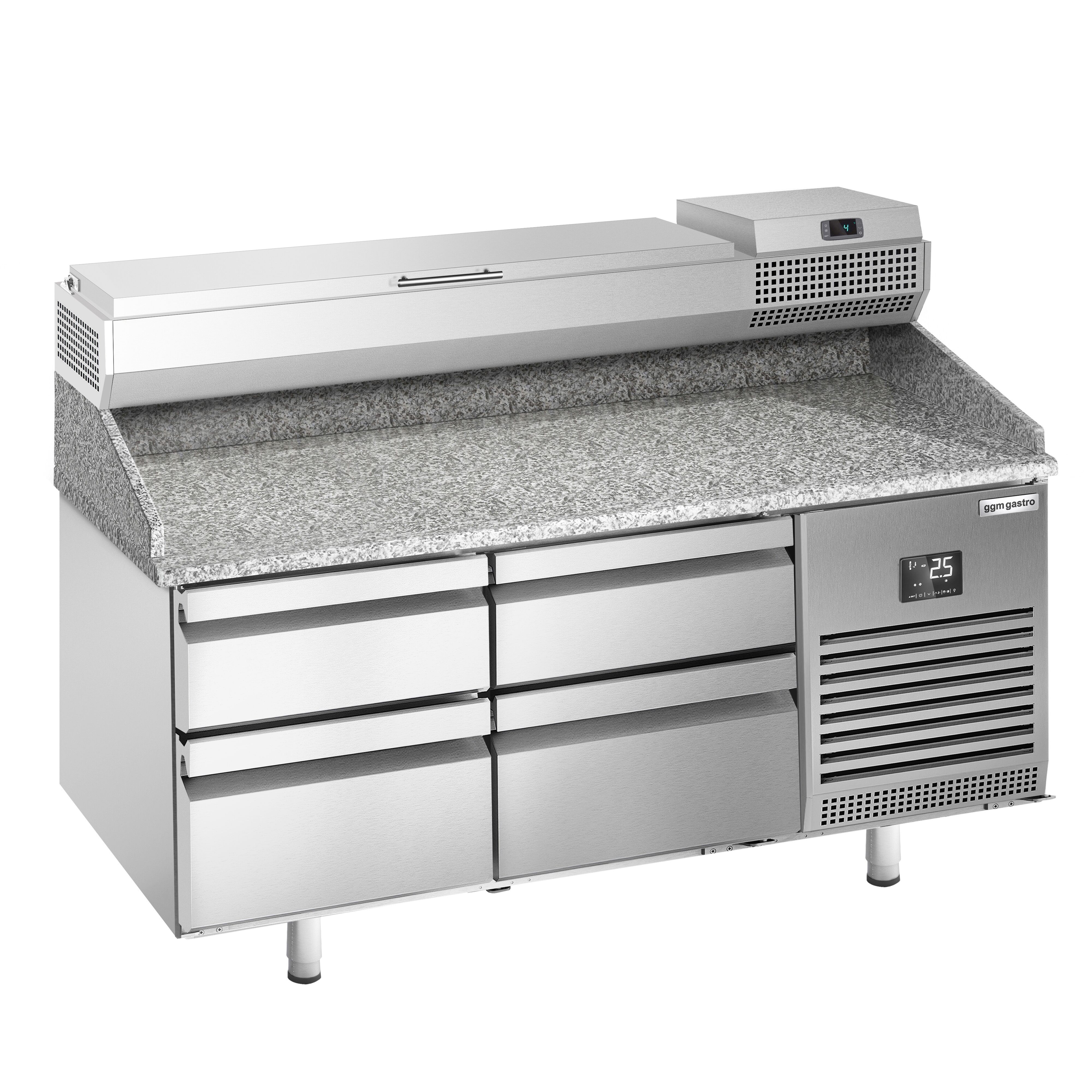 Table réfrigérée à pizza Premium PLUS - 1490x700 mm - avec 4 tiroirs - incl. vitrine réfrigérée - 6x GN 1/4
