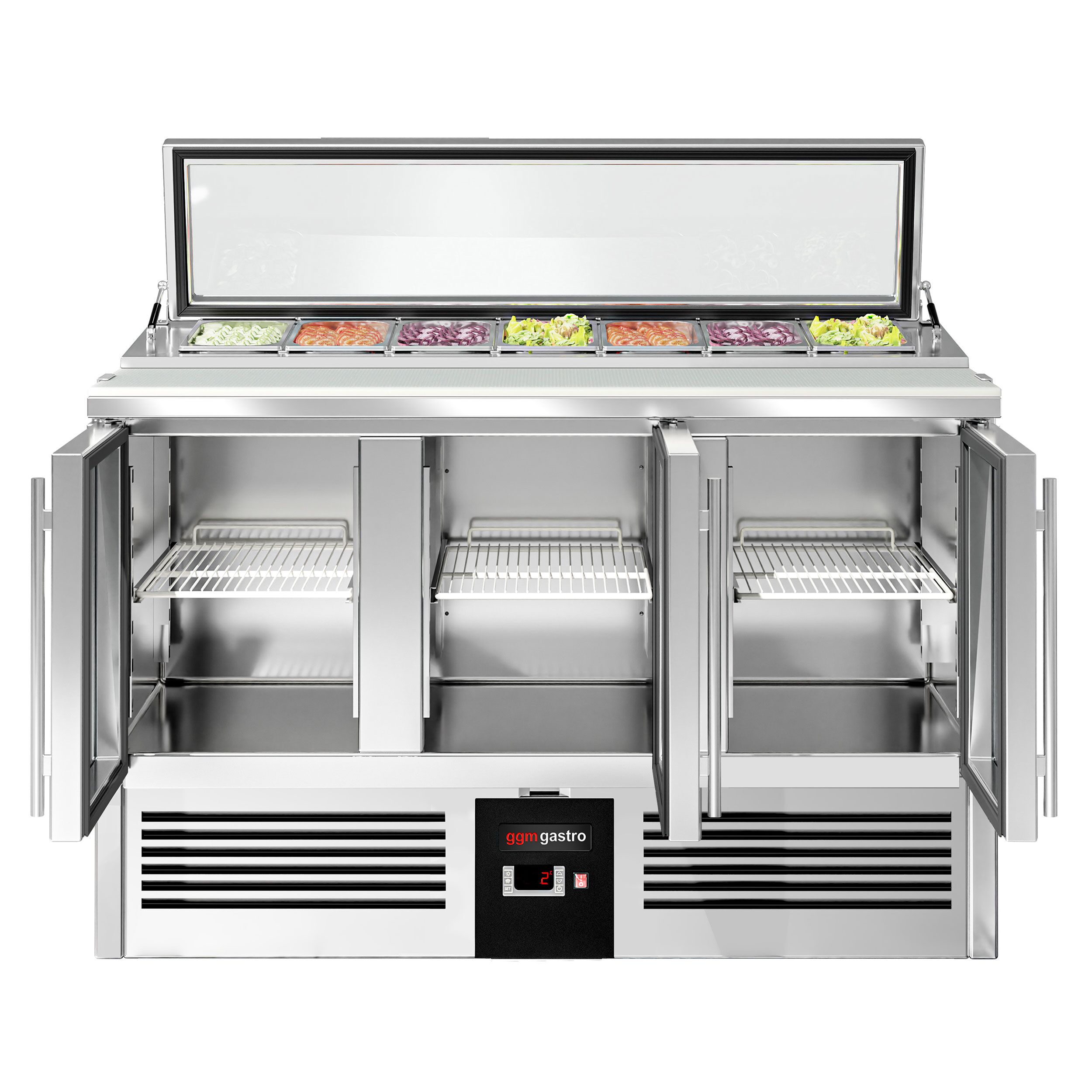 Saladette réfrigérée PREMIUM - 1365mm - 248L - 3 portes vitrées - pour 7x GN 1/3 & Couvercle verre