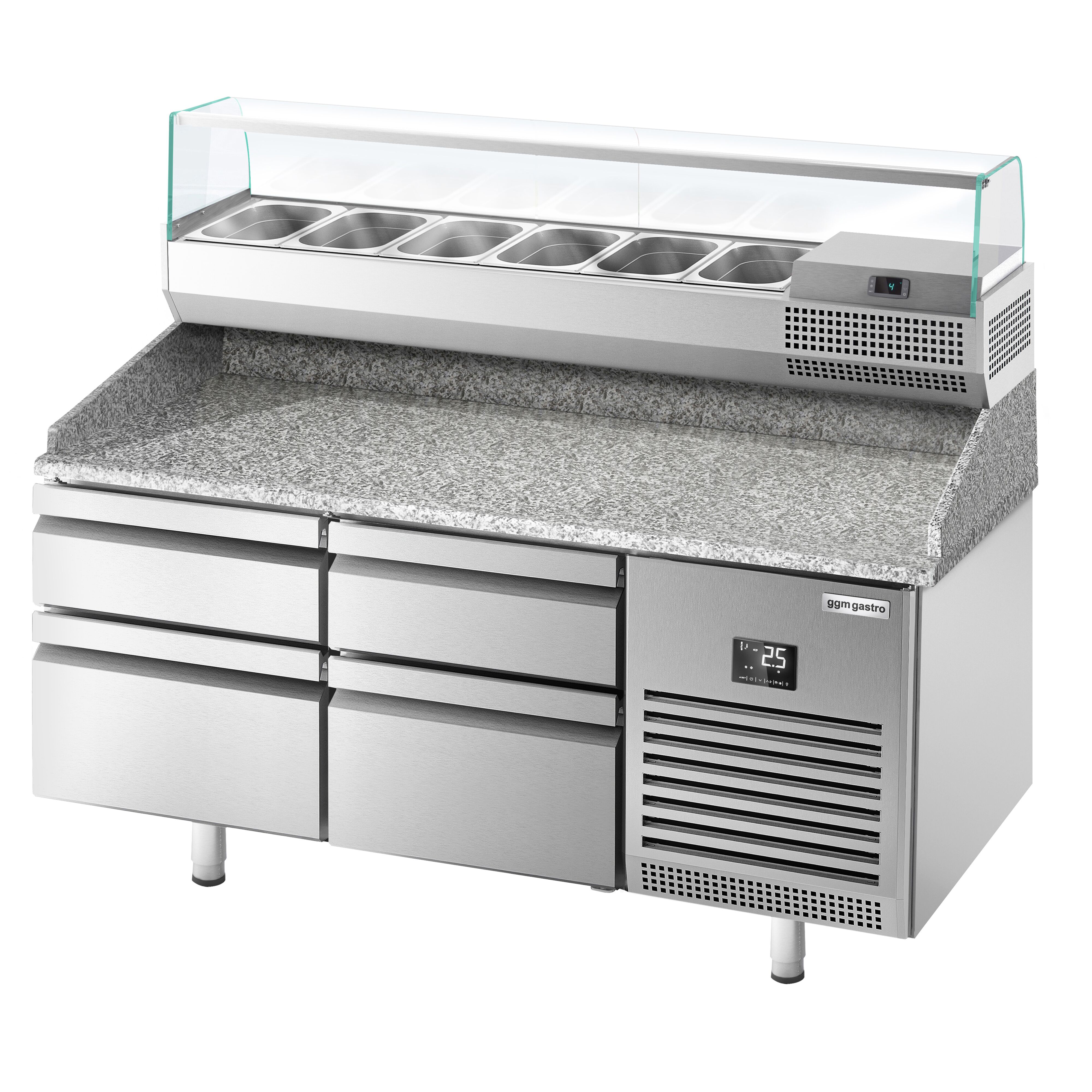 Table réfrigérée à pizza Premium PLUS - 1490x700 mm - avec 4 tiroirs - incl. vitrine réfrigérée - 6x GN 1/4