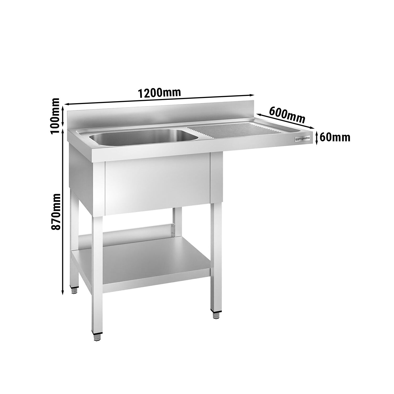 Plonge PREMIUM en acier inoxydable - 1200x600mm - 1 bac - bac à gauche - avec espace lave-vaisselle - adossée/avec dosseret