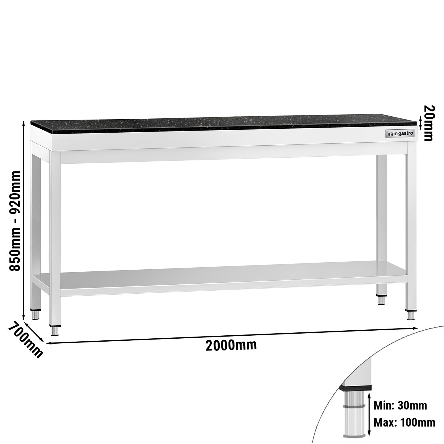 Table de travail inox PREMIUM - 2000 x 700 mm - avec tablette inférieure - incl. Plan de travail en Granit
