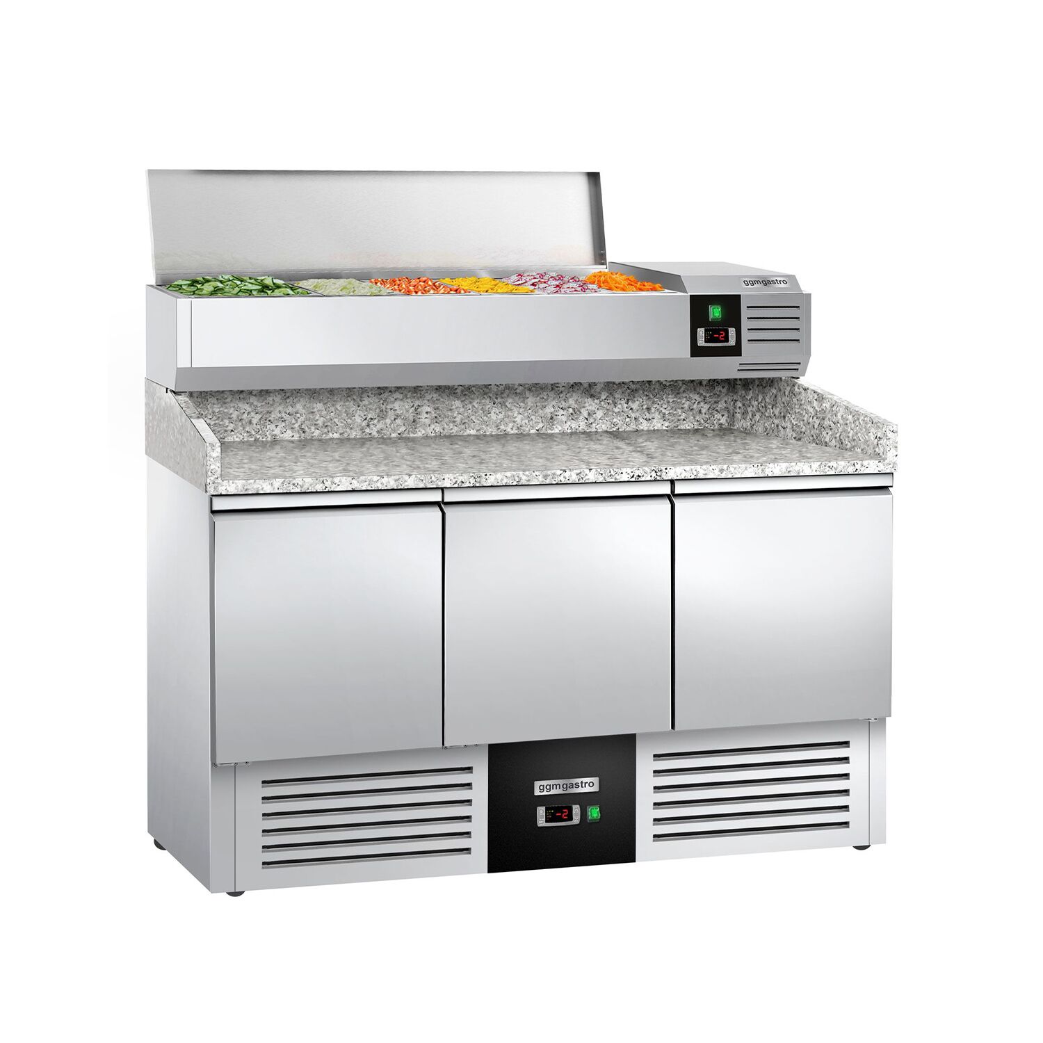 Banco pizza refrigerato PREMIUM - 1400x700mm - con 3 porte - piano in granito - con vetrina ingredienti refrigerata superiore - 6x GN 1/4