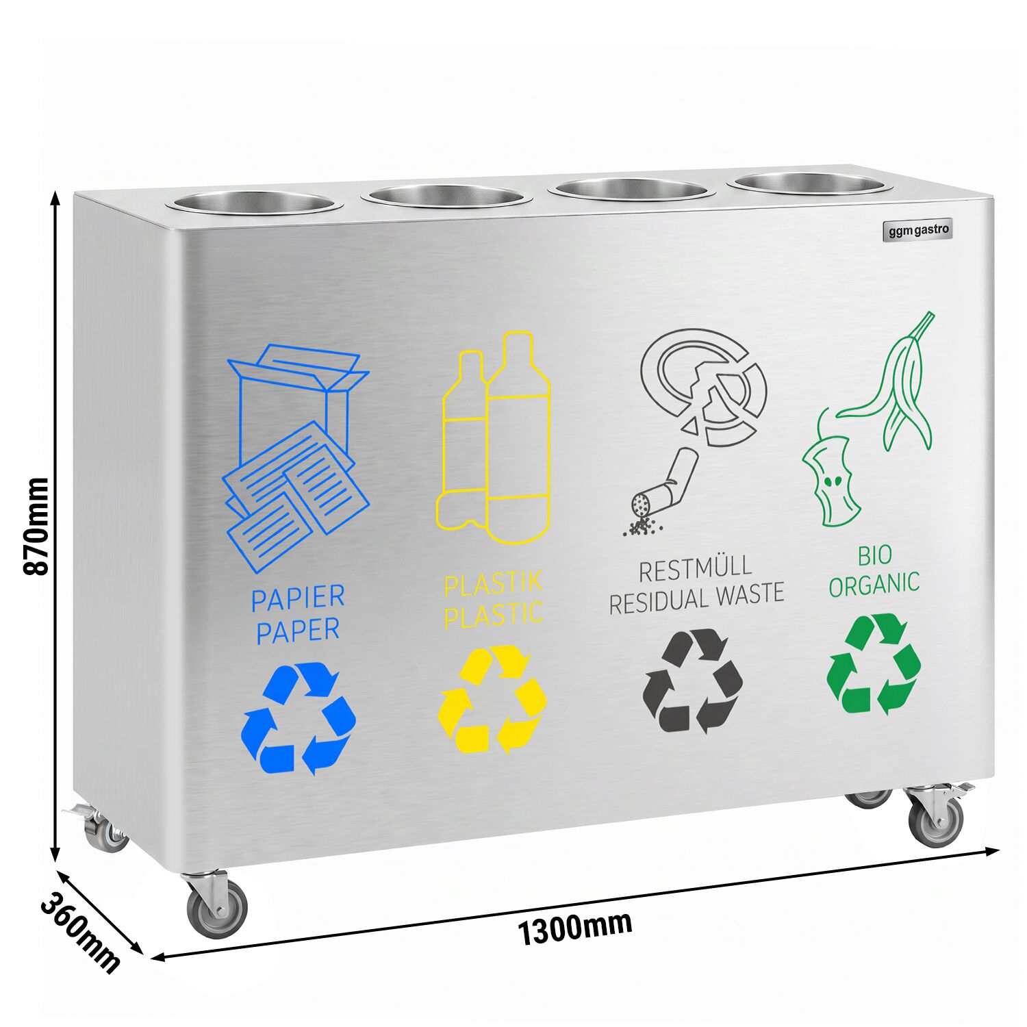 Waste sorting system – 4 bins, 30 litres each – stainless steel – with 4 castors