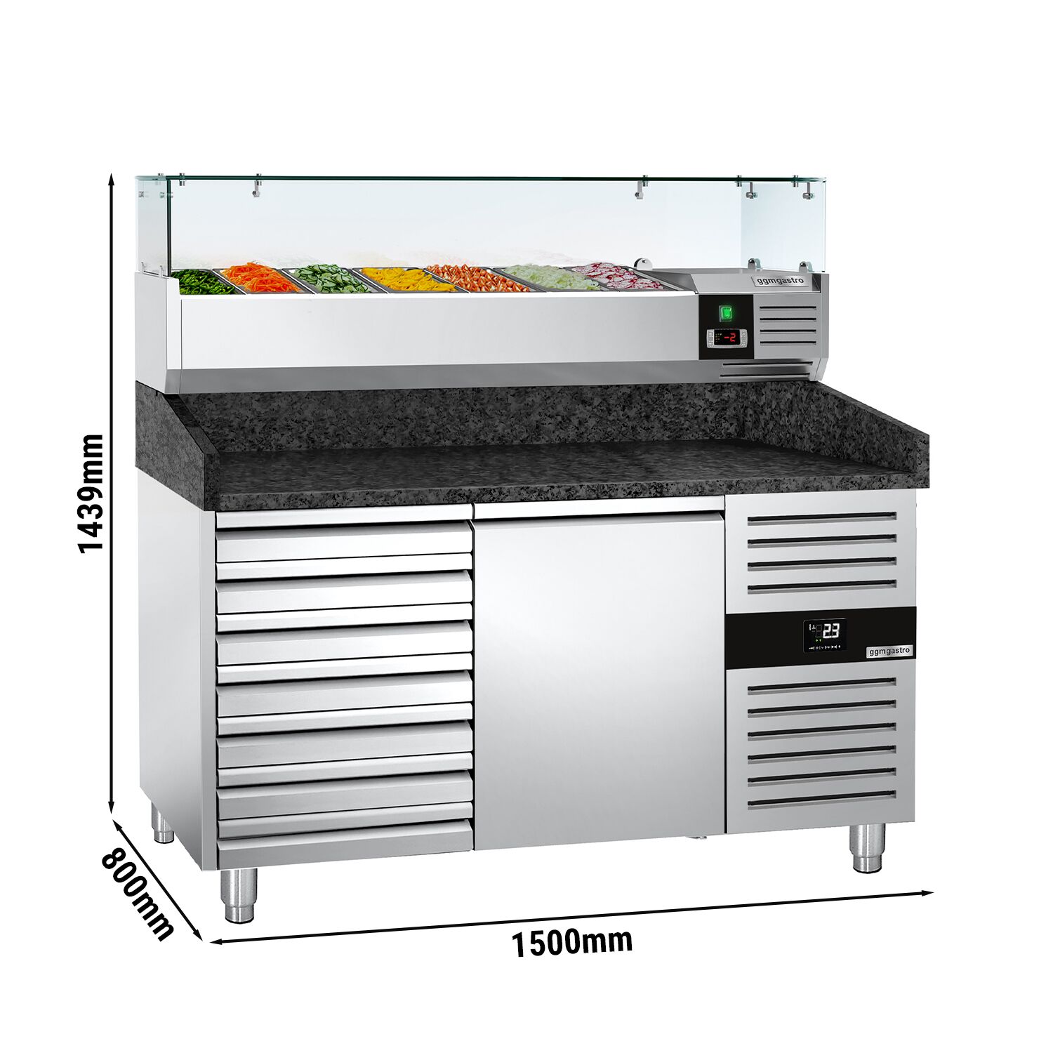 Table réfrigérée à pizza PREMIUM - 1500 x 800 mm - avec 1 porte et 7 tiroirs - incl. vitrine réfrigérée - 6 x GN 1/3