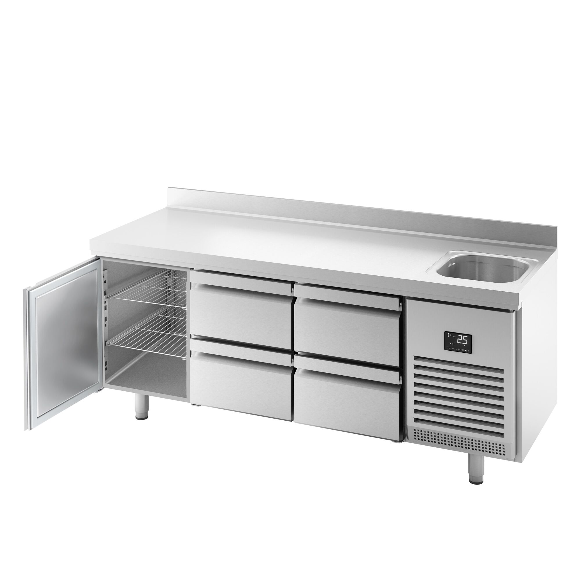 Table réfrigérée Premium PLUS - 1960 x 600 mm - avec 1 bac, 1 porte, 4 tiroirs - dosseret