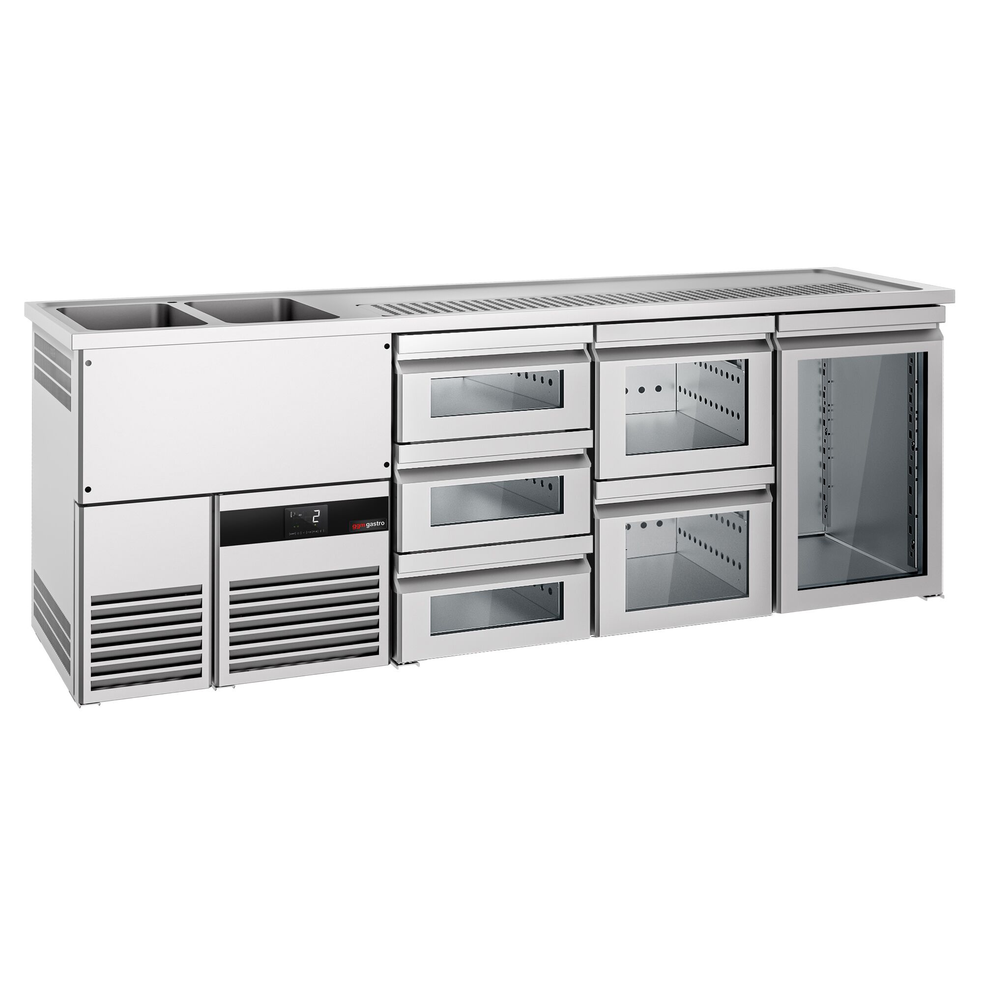 Comptoir de bar réfrigéré PREMIUM - 2500x700mm - 1 porte vitrée & 5 tiroirs en verre