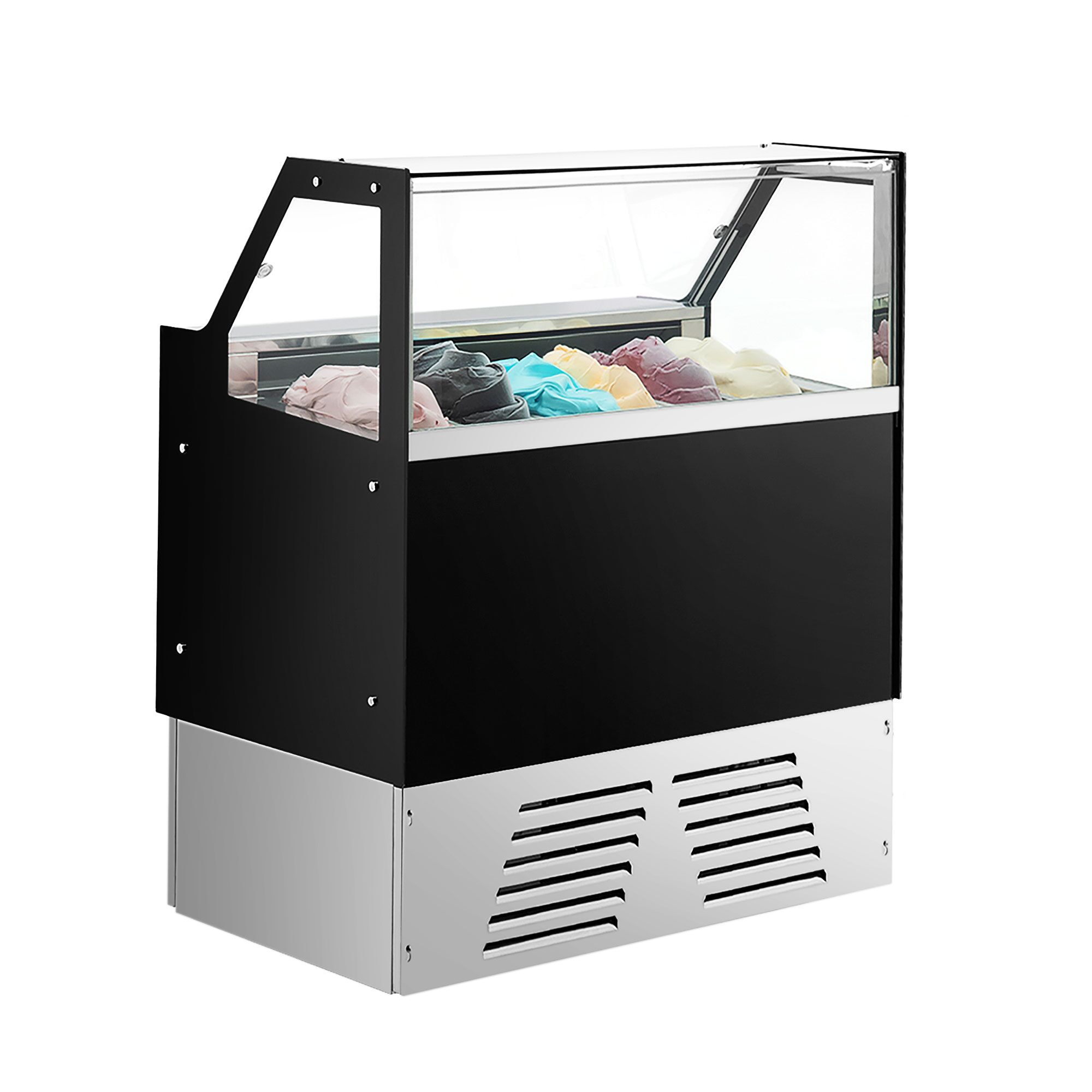 Vitrine à glace EMMA – 1190 mm – refroidissement ventilé – pour 6 bacs à glace de 5 litres ou 4 bacs de 7 litres – noir