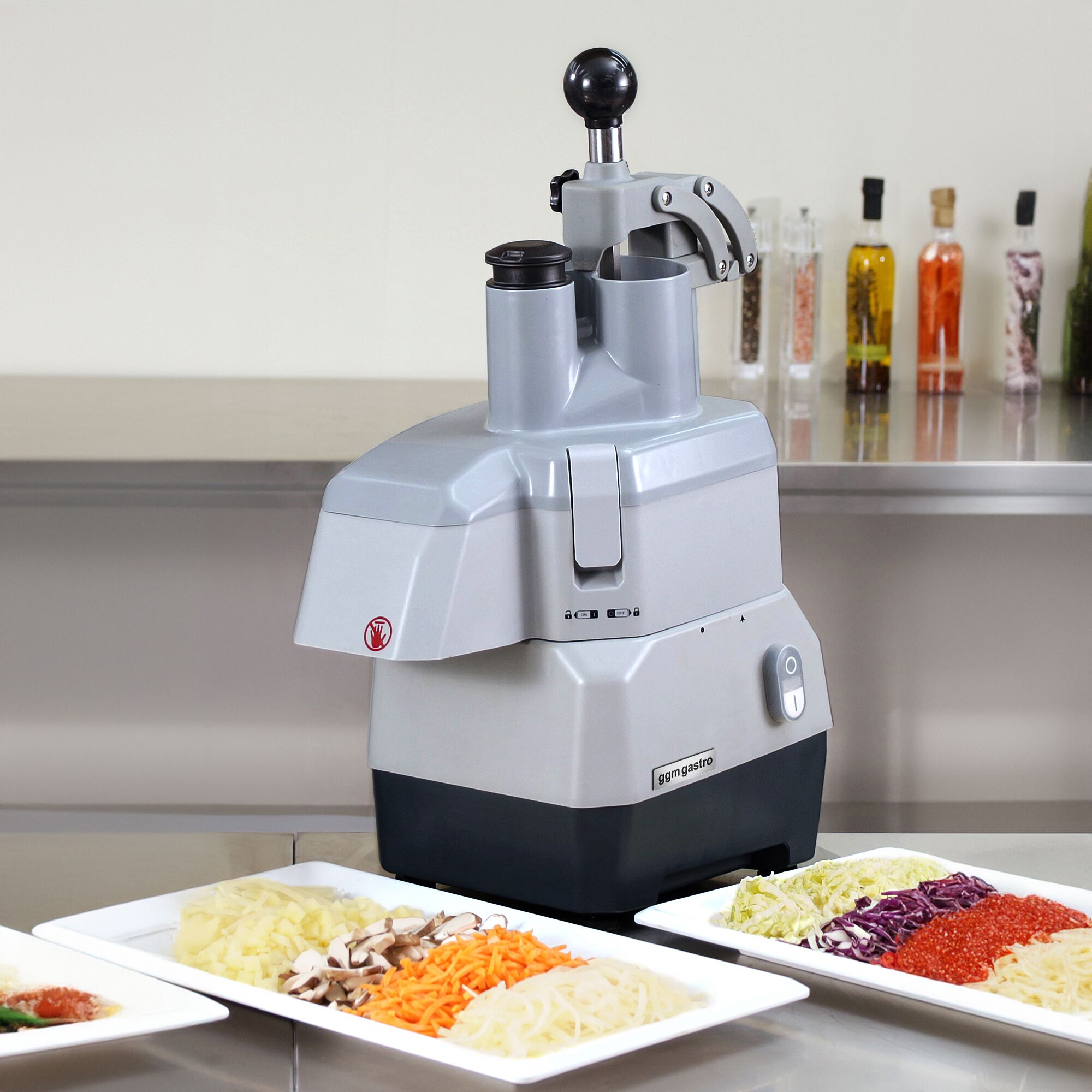 Coupe-légumes électrique - Format compact - 735W - livré avec 4 disques éminceurs/râpeurs - Acier inoxydable - Couvercle rabattable