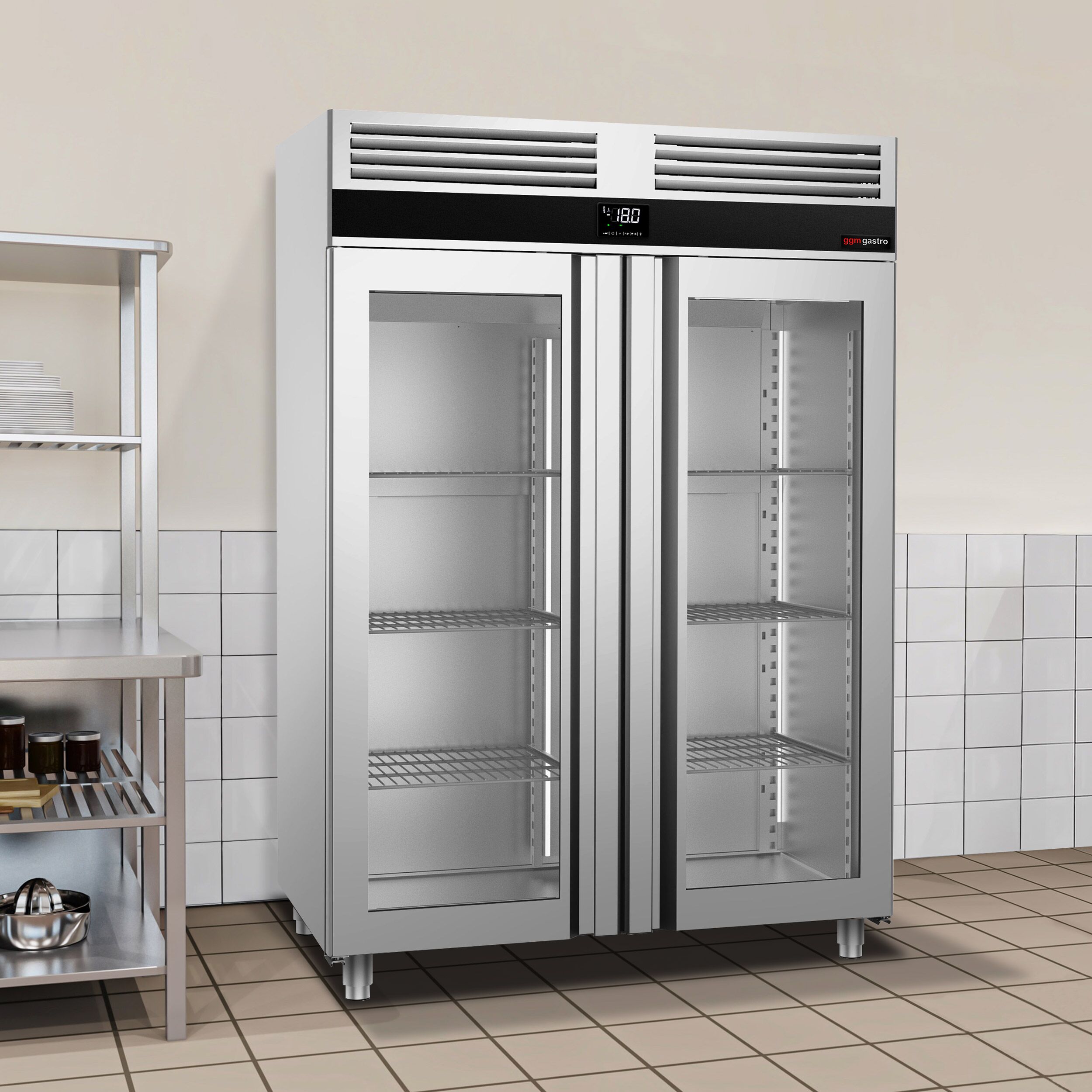Upright Freezer Stainless steel PREMIUM - GN 2/1 - 1400L - with 2 glass doors