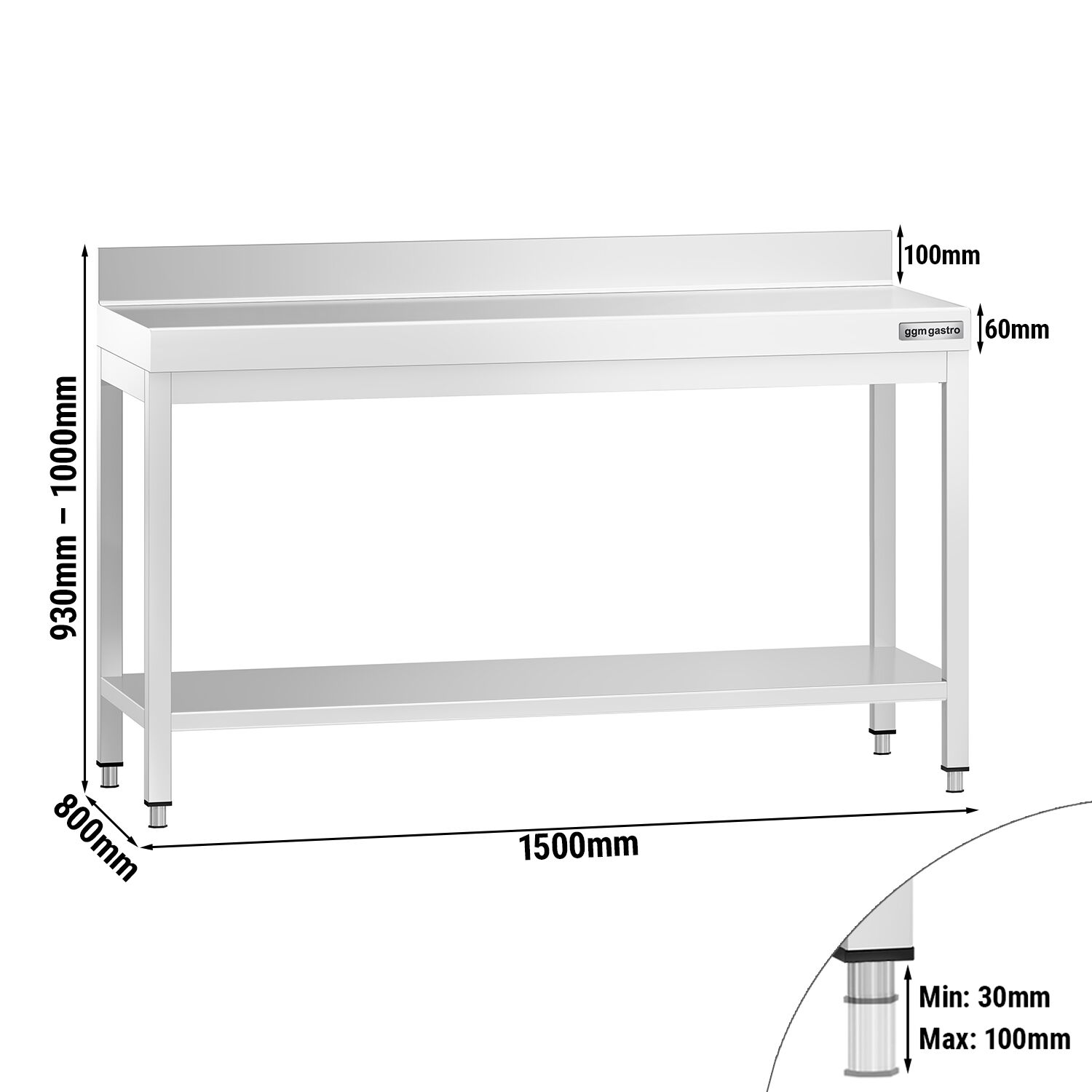 Table de travail inox PREMIUM - 1500 x 800 mm - avec tablette inférieure & Dosseret