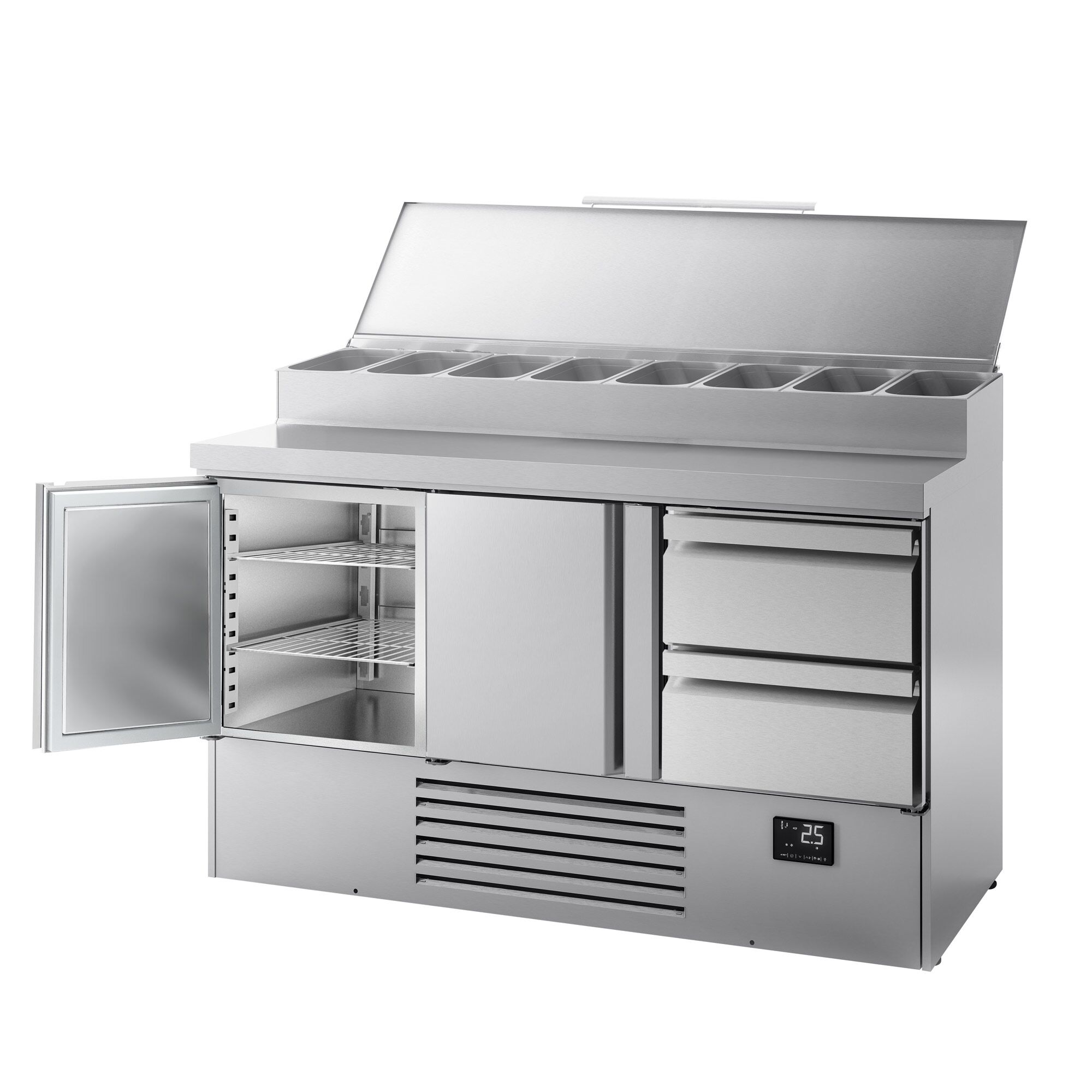 Table réfrigérée de préparation Mini - 1460 x 700 mm - avec 2 portes et 2 tiroirs - avec superstructure en inox 8 x GN 1/4