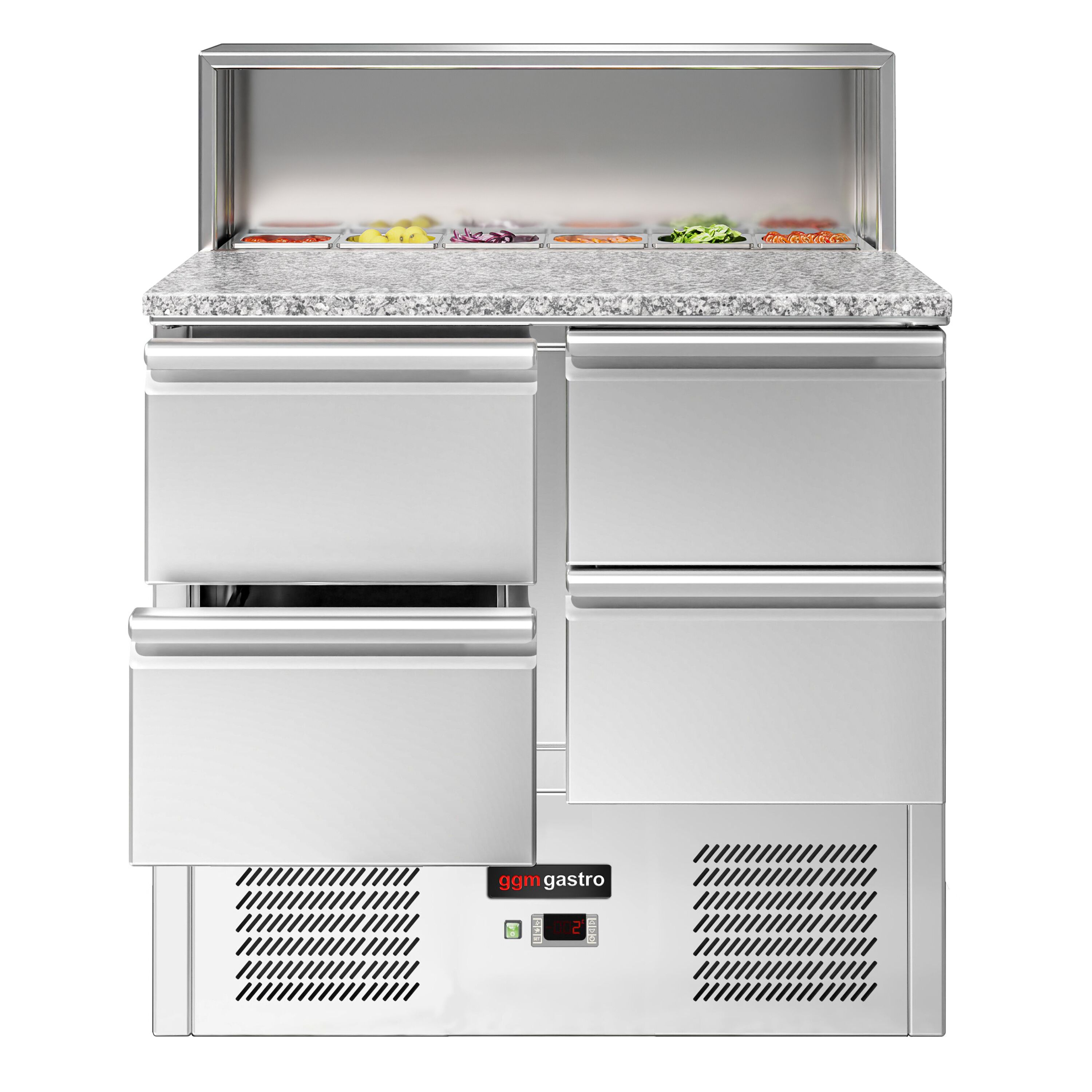 Saladette réfrigérée ECO - 903mm - 240L - façade noire - 4 tiroirs - avec découpe pour 5x GN 1/6 & Couvercle inox - plan de travail en granit noir