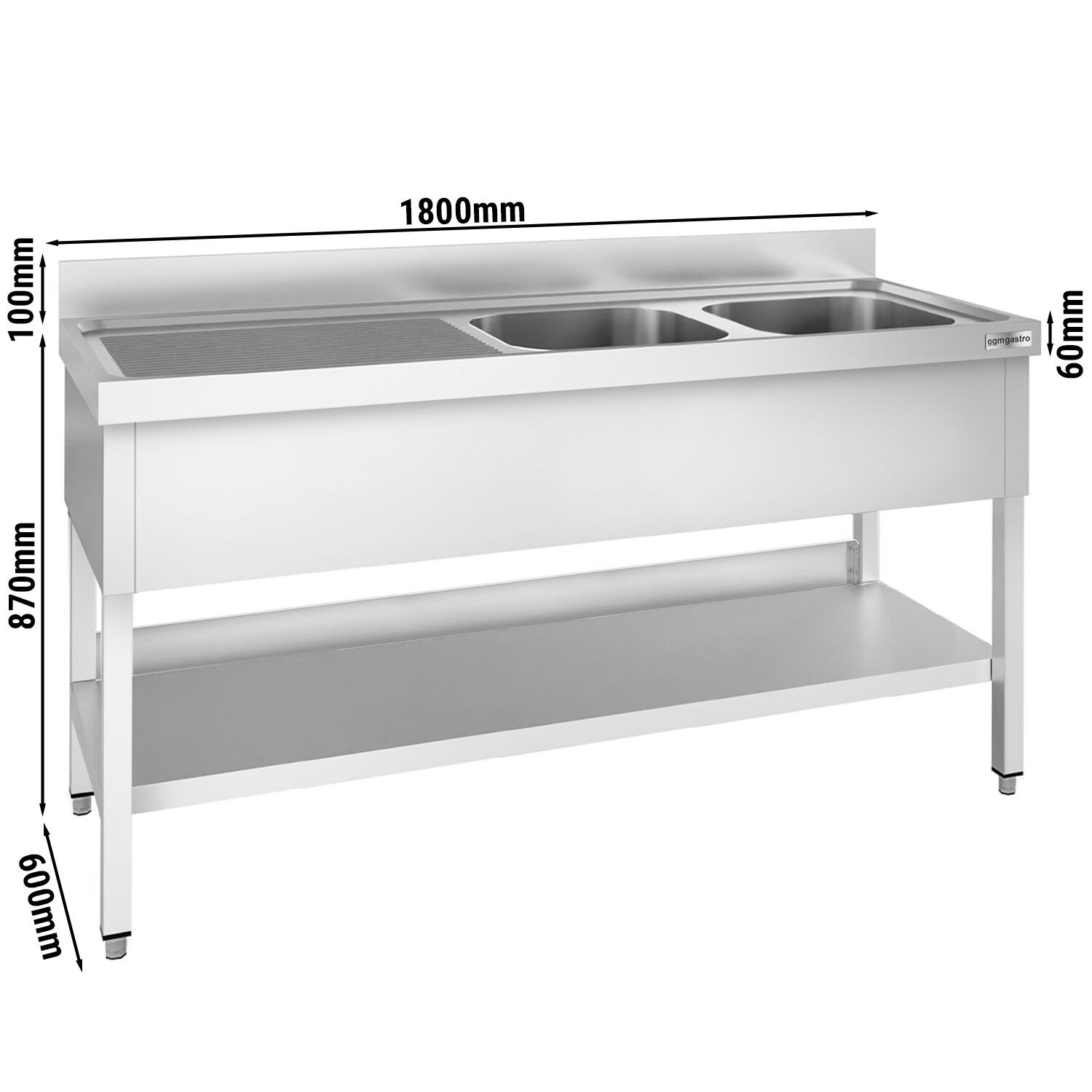 Plonge en inox PREMIUM - 1800x600mm - avec étagère basse - 2 bacs à droite