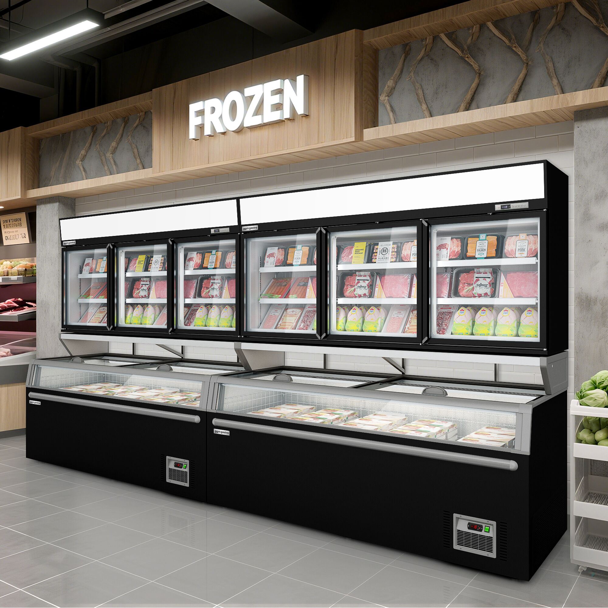 Vitrine murale de congélation pour supermarché - 2100 mm - 346 litres - avec 3 portes & 2 étagères - Noir