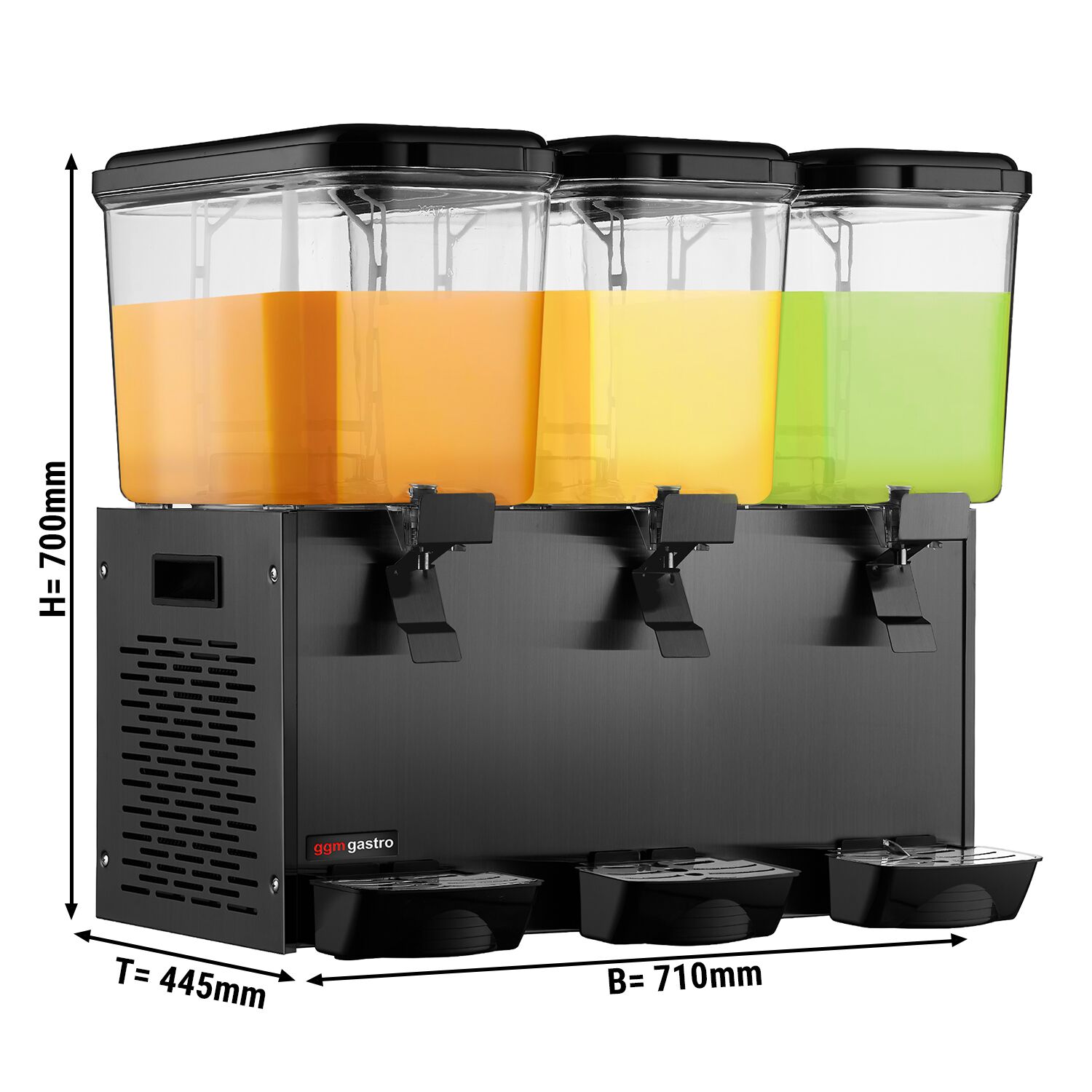 Commercial Cold Drinks Dispenser - 3x polycarbonate tanks with tap & paddle agitation - 3x 18 Litres - 700W - Black - incl. drip tray