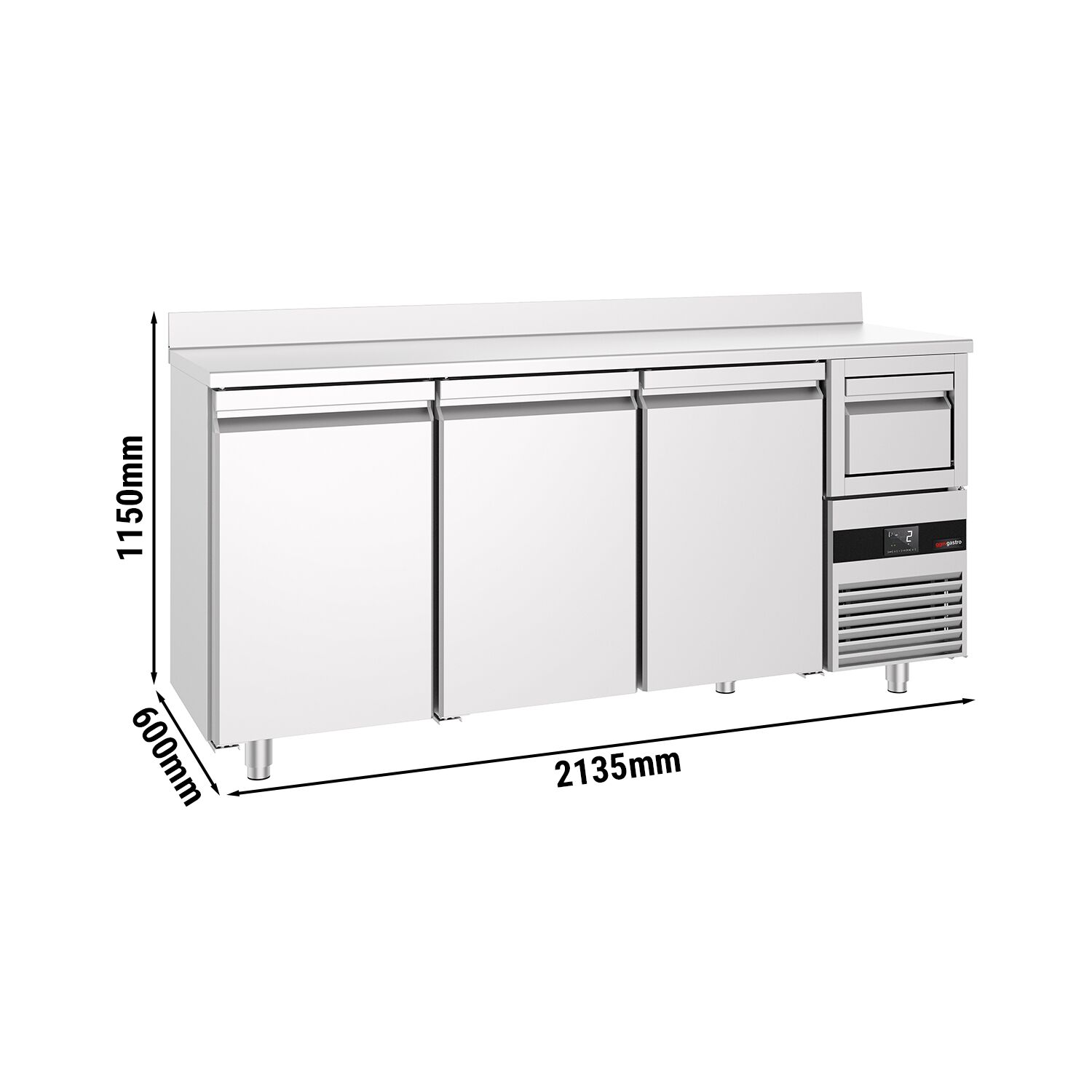 Arrière-bar réfrigéré professionnel  PREMIUM - 2130 x 600 mm - avec 3 portes - avec dosseret - avec tiroir à marc de café