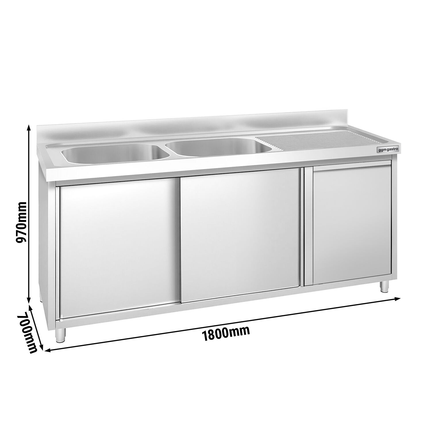 Meuble plonge PREMIUM - 1800x700mm - avec poubelle intégrée et 2 bacs