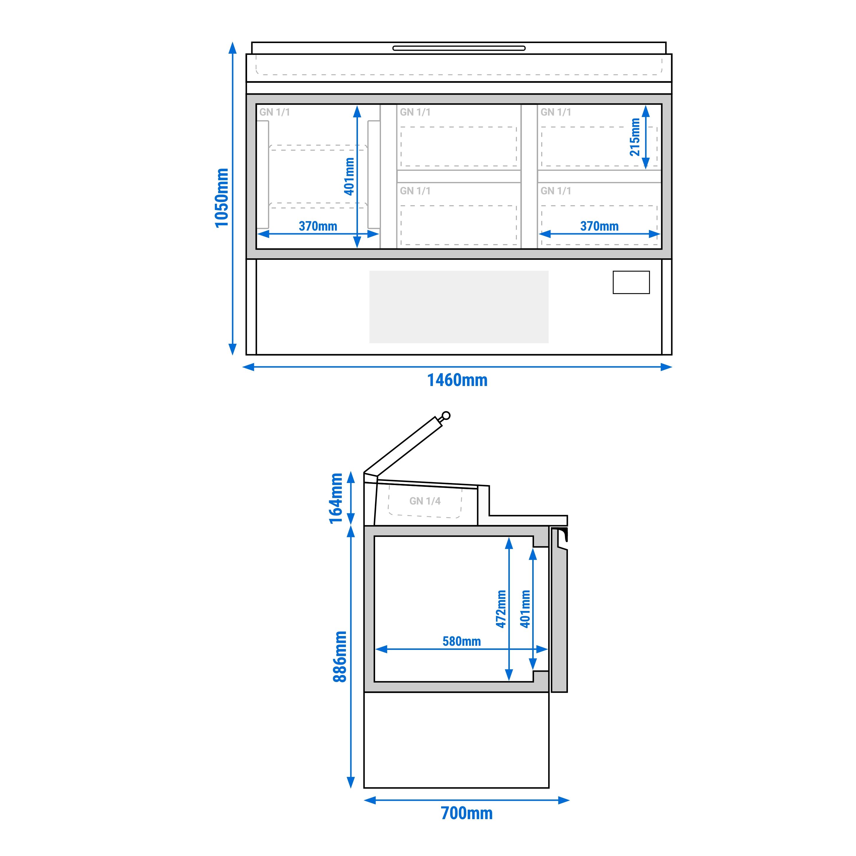 Table réfrigérée de préparation Mini - 1460 x 700 mm - avec 1 porte et 4 tiroirs - avec superstructure en inox 8 x GN 1/4