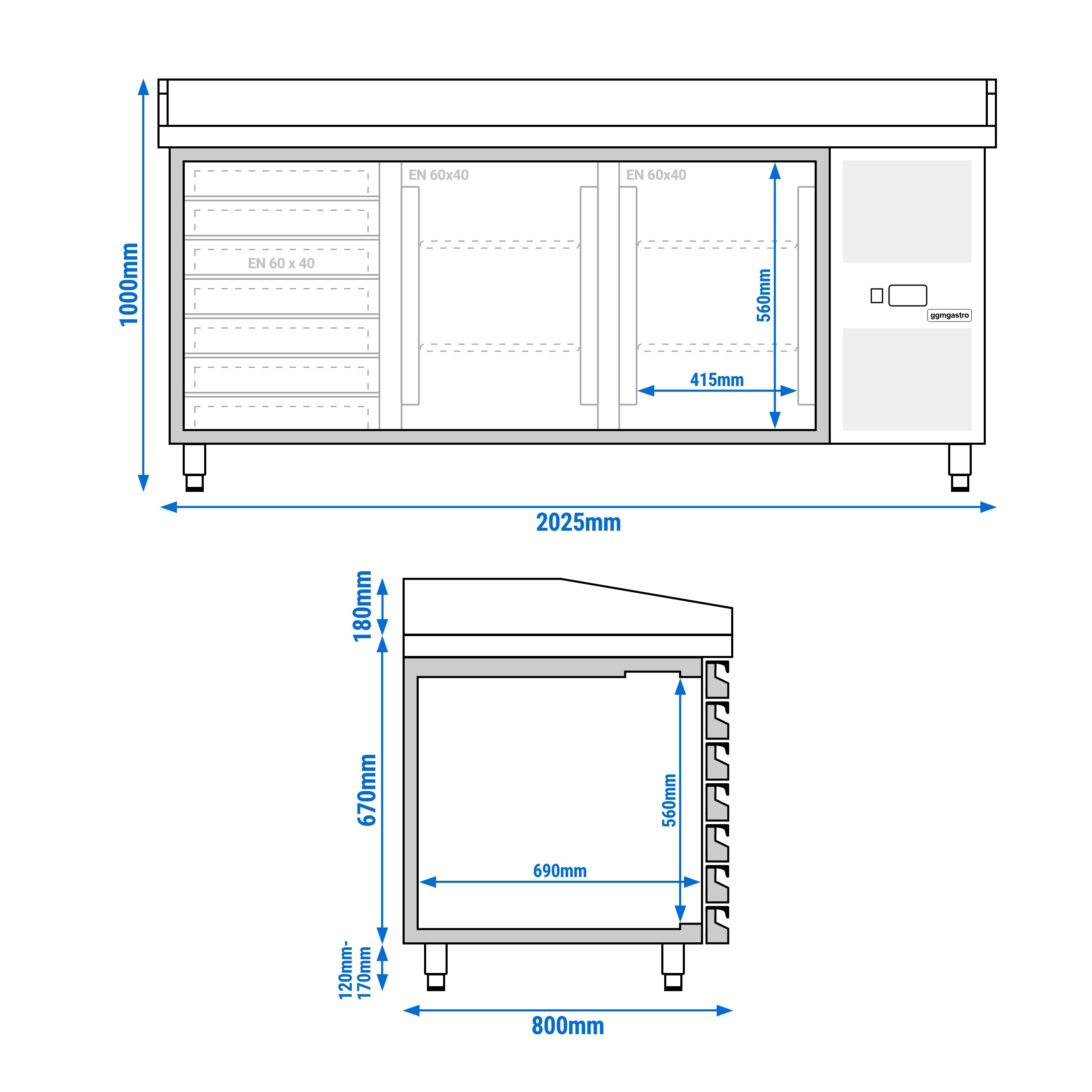 Pizzakylbänk PREMIUM - 2025x800 mm - granitskiva - med 2 dörrar & 7 lådor