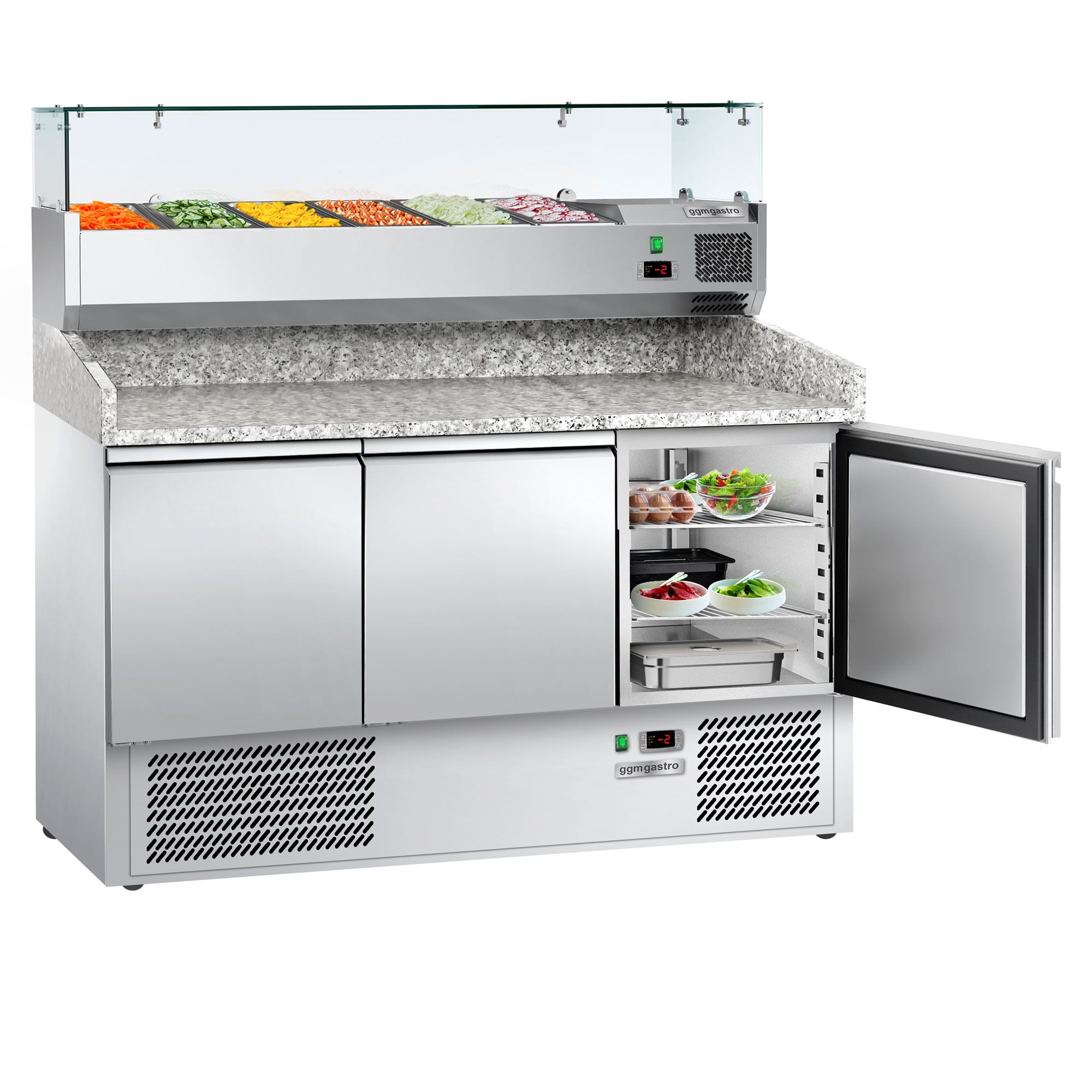 Table réfrigérée pour pizza ECO - 1400 x 700 mm - avec 3 portes - incl. vitrine réfrigérée - 6 x GN 1/4