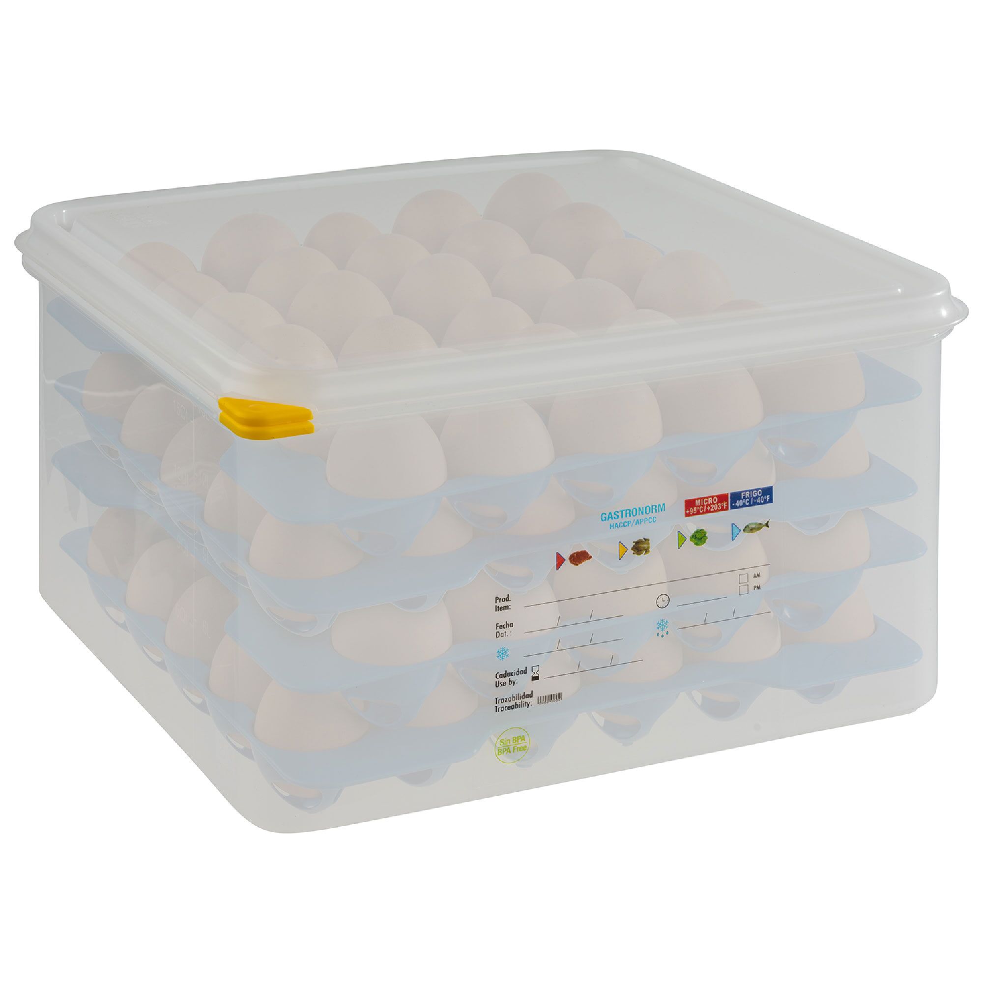 (6 pcs) Boîte à œufs GN 2/3 - avec couvercle - en polypropylène (PP) - Profondeur 200mm - incl. 4 plateaux de 30 œufs (120 œufs)