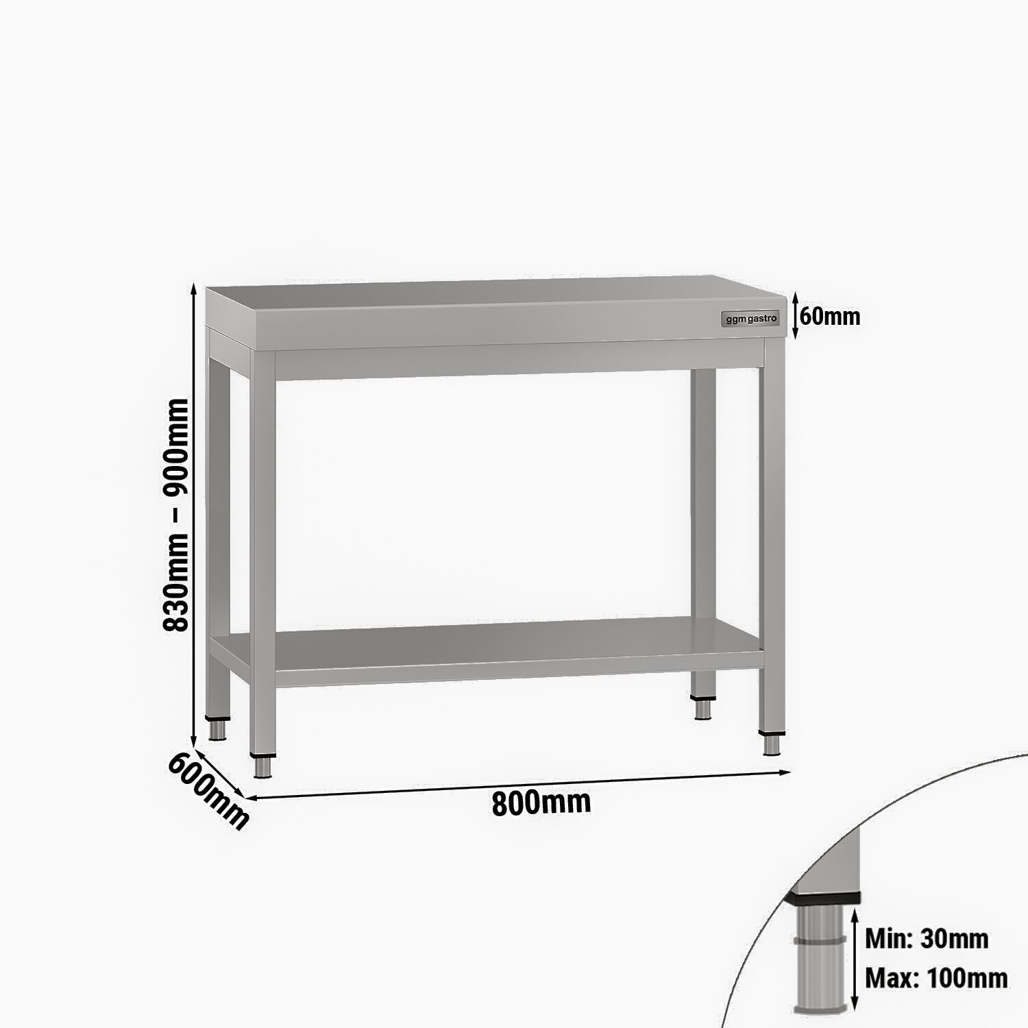 Table de travail en inox ECO – 800 × 600 mm – avec tablette inférieure