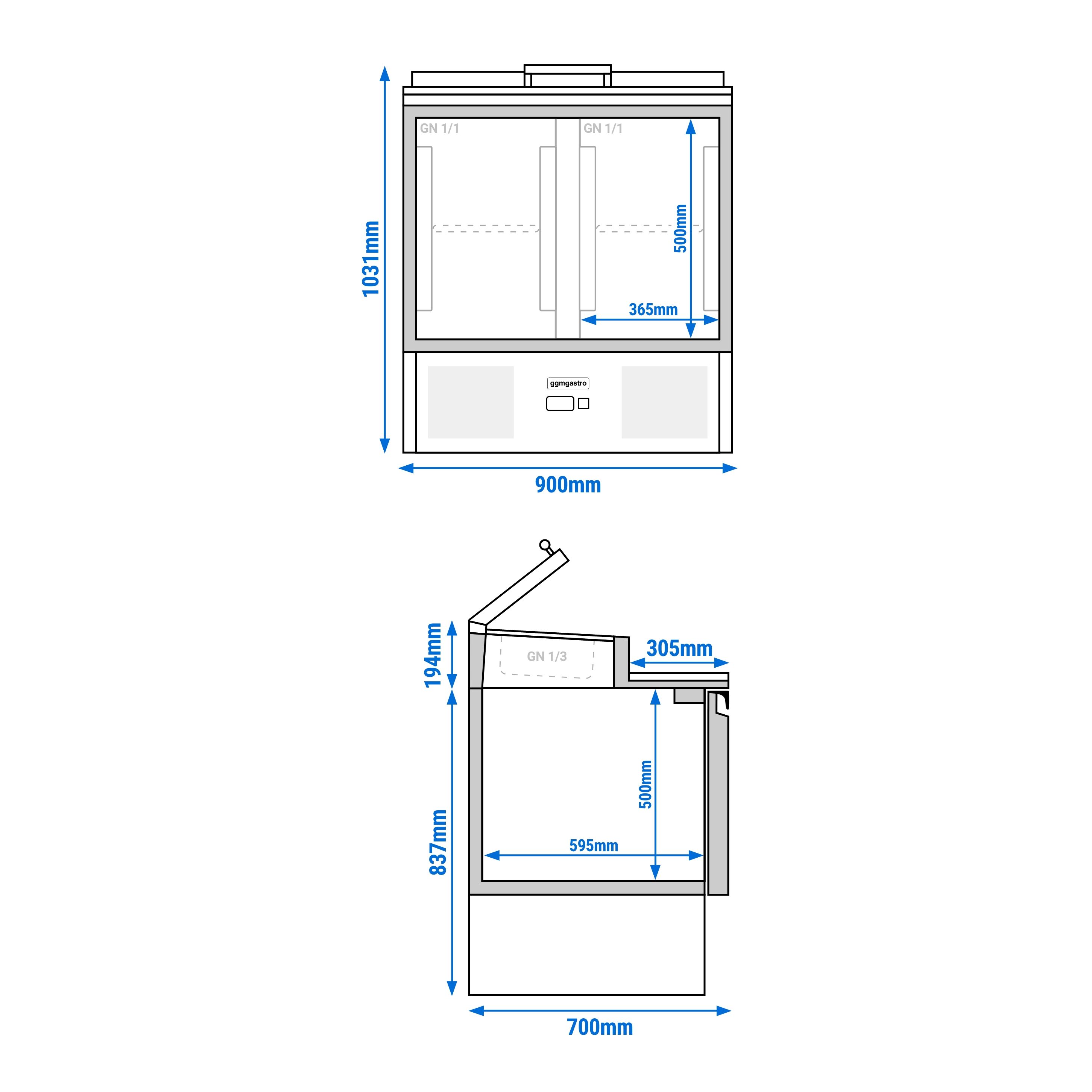 Saladette réfrigérée PREMIUM - 900mm - 159L - 2 portes - avec découpe pour 4x GN 1/3 & Couvercle verre